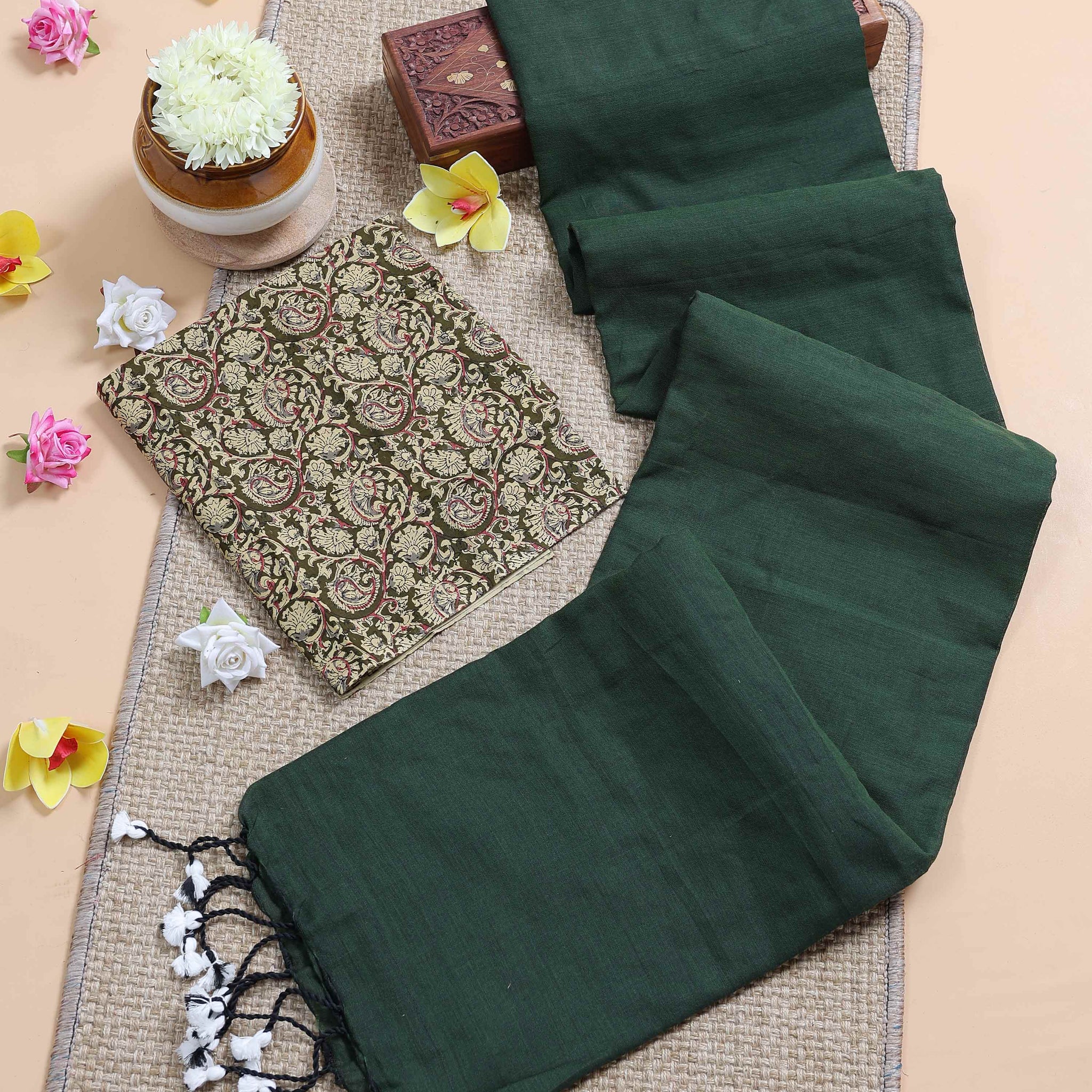 Traditional Khadi Cotton Saree with Contrast Printed Blouse and Tassel Accents - Dark Green