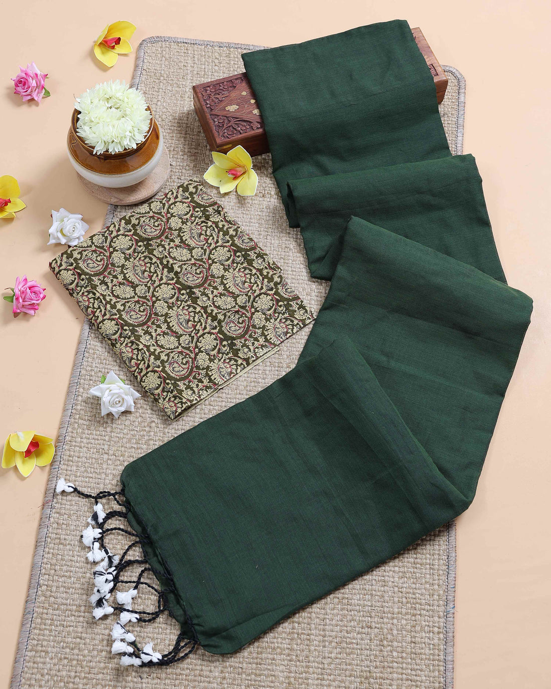 Traditional Khadi Cotton Saree with Contrast Printed Blouse and Tassel Accents - Dark Green