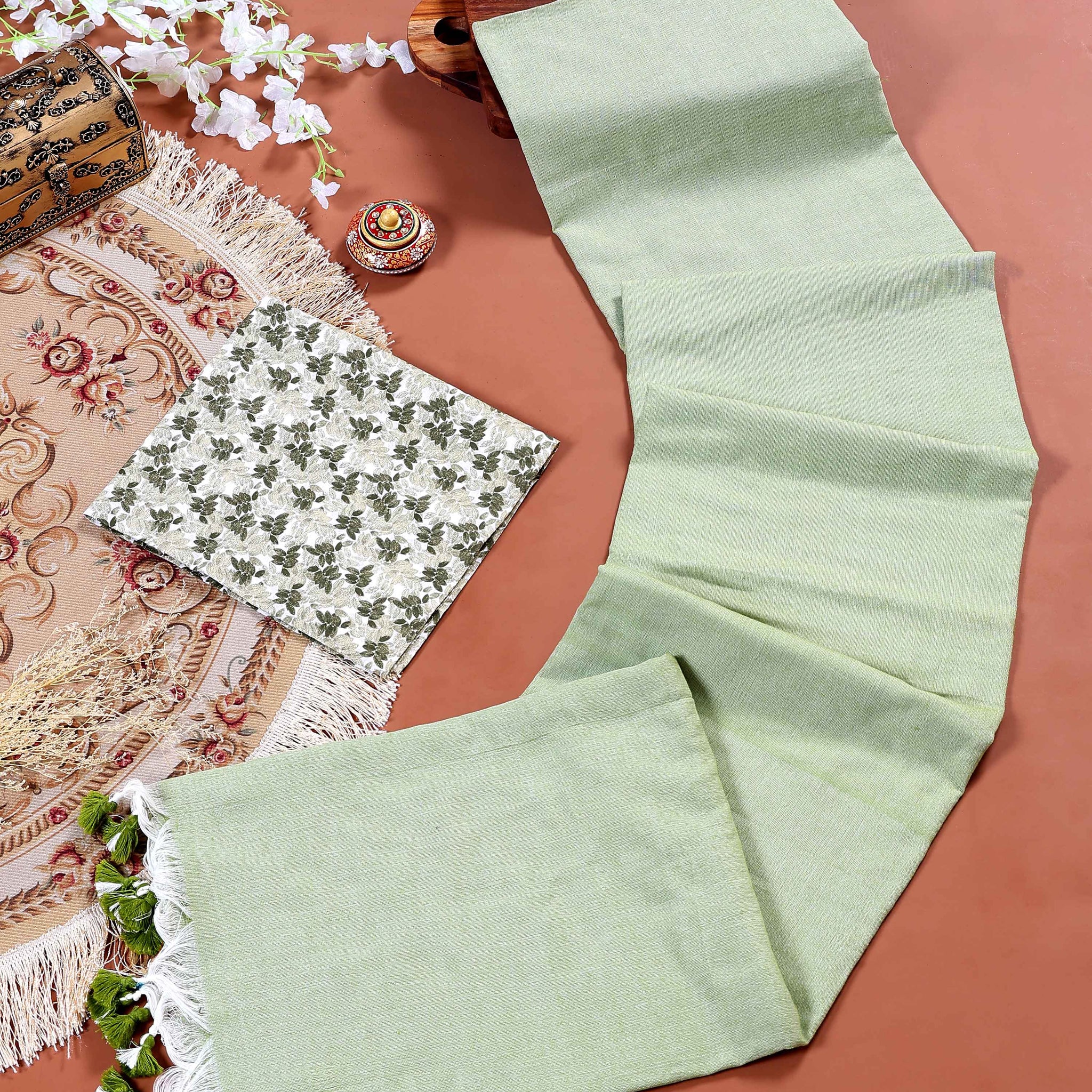 Traditional Khadi Cotton Saree with Contrast Printed Blouse and Tassel Accents - Green
