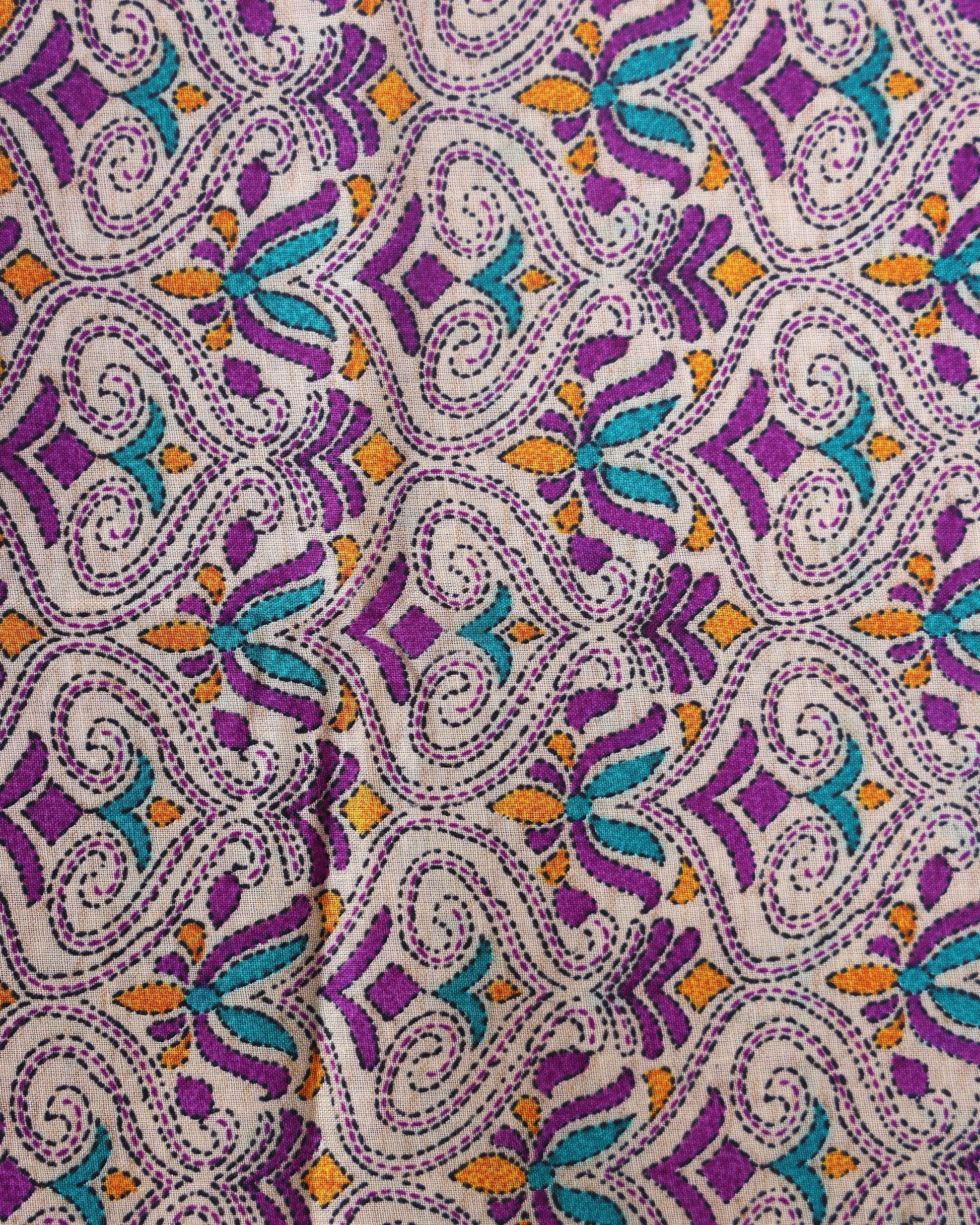 Traditional Khadi Cotton Saree with Contrast Printed Blouse and Tassel Accents - Lavender