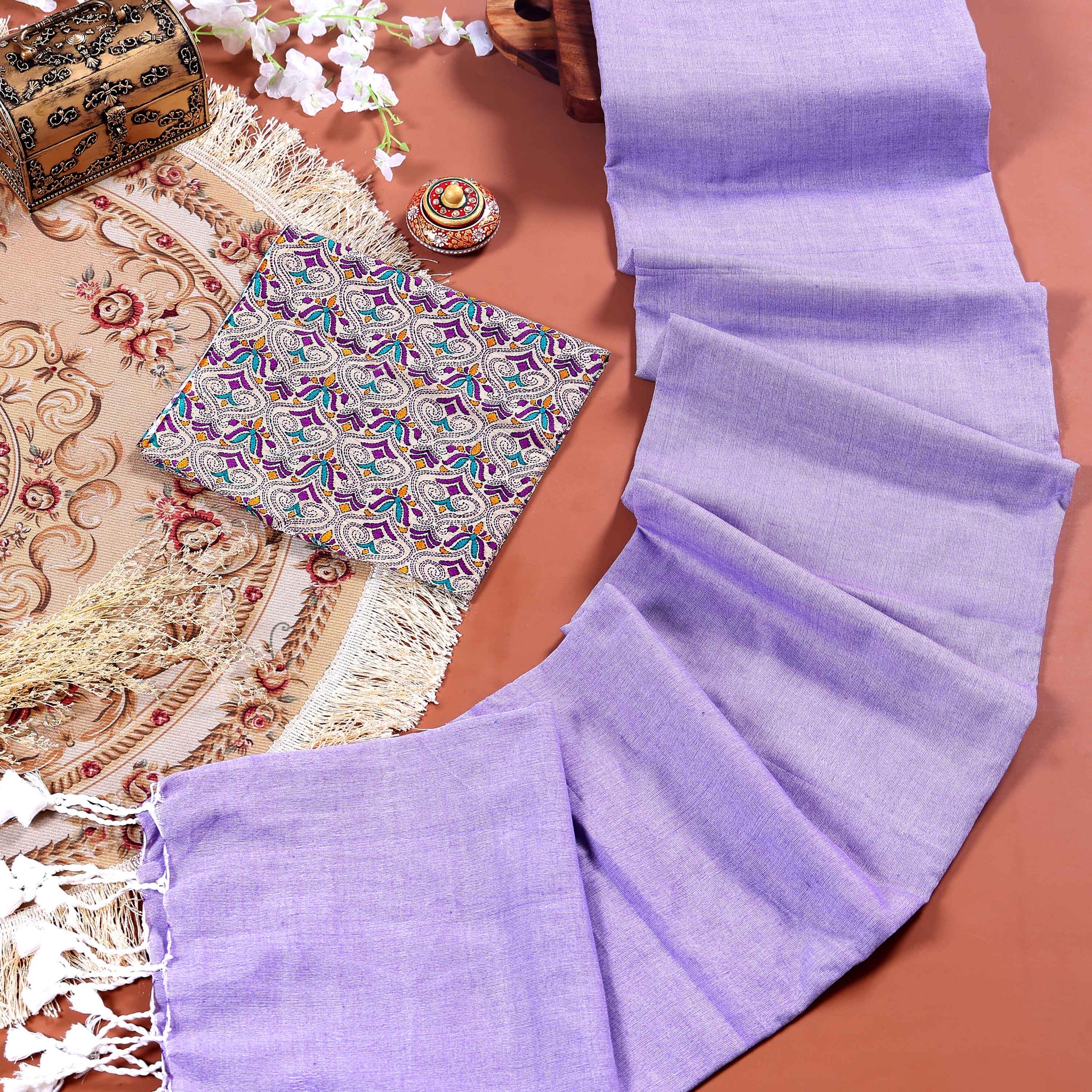 Traditional Khadi Cotton Saree with Contrast Printed Blouse and Tassel Accents - Lavender