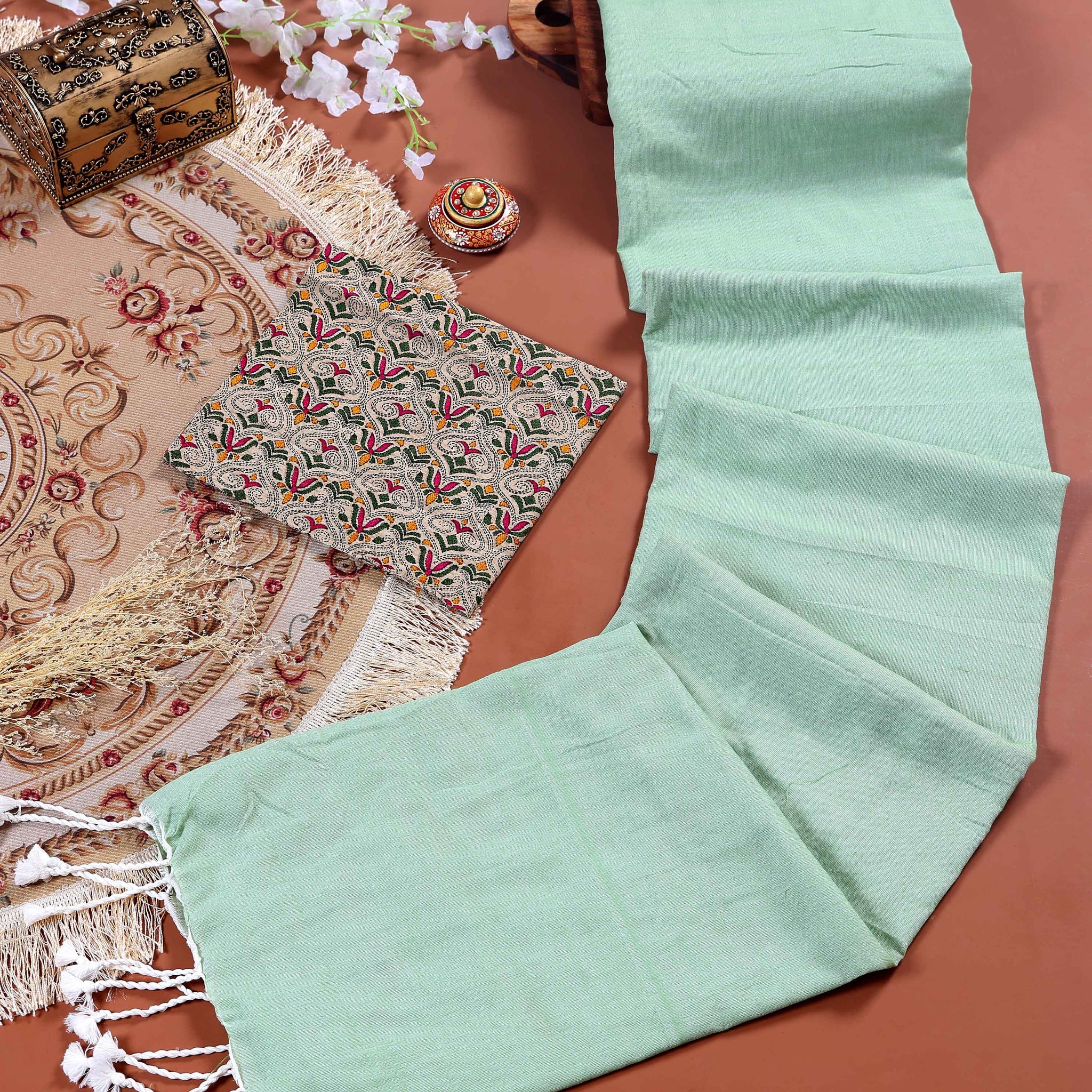 Traditional Khadi Cotton Saree with Contrast Printed Blouse and Tassel Accents - Light Green
