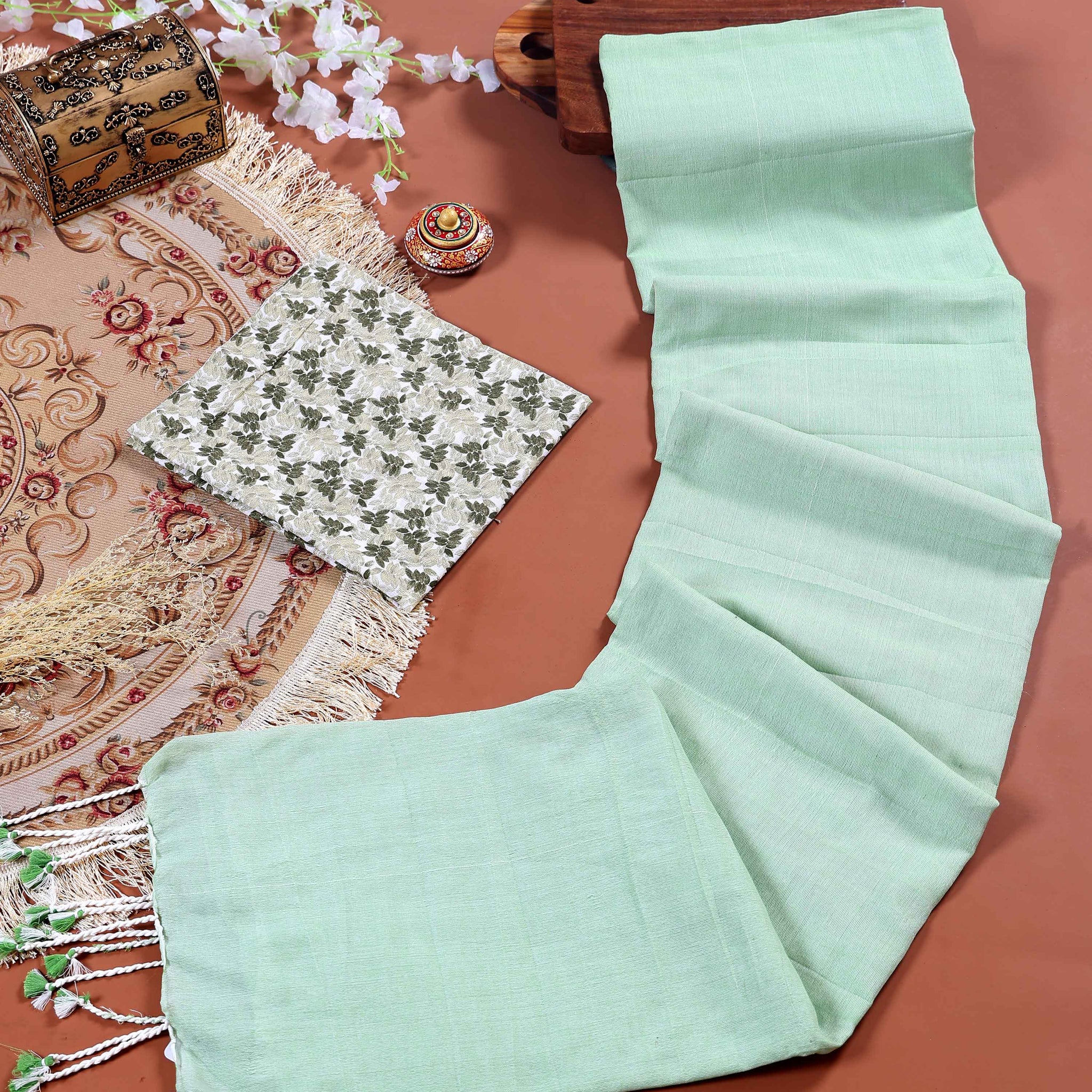 Traditional Khadi Cotton Saree with Contrast Printed Blouse and Tassel Accents - Light Green