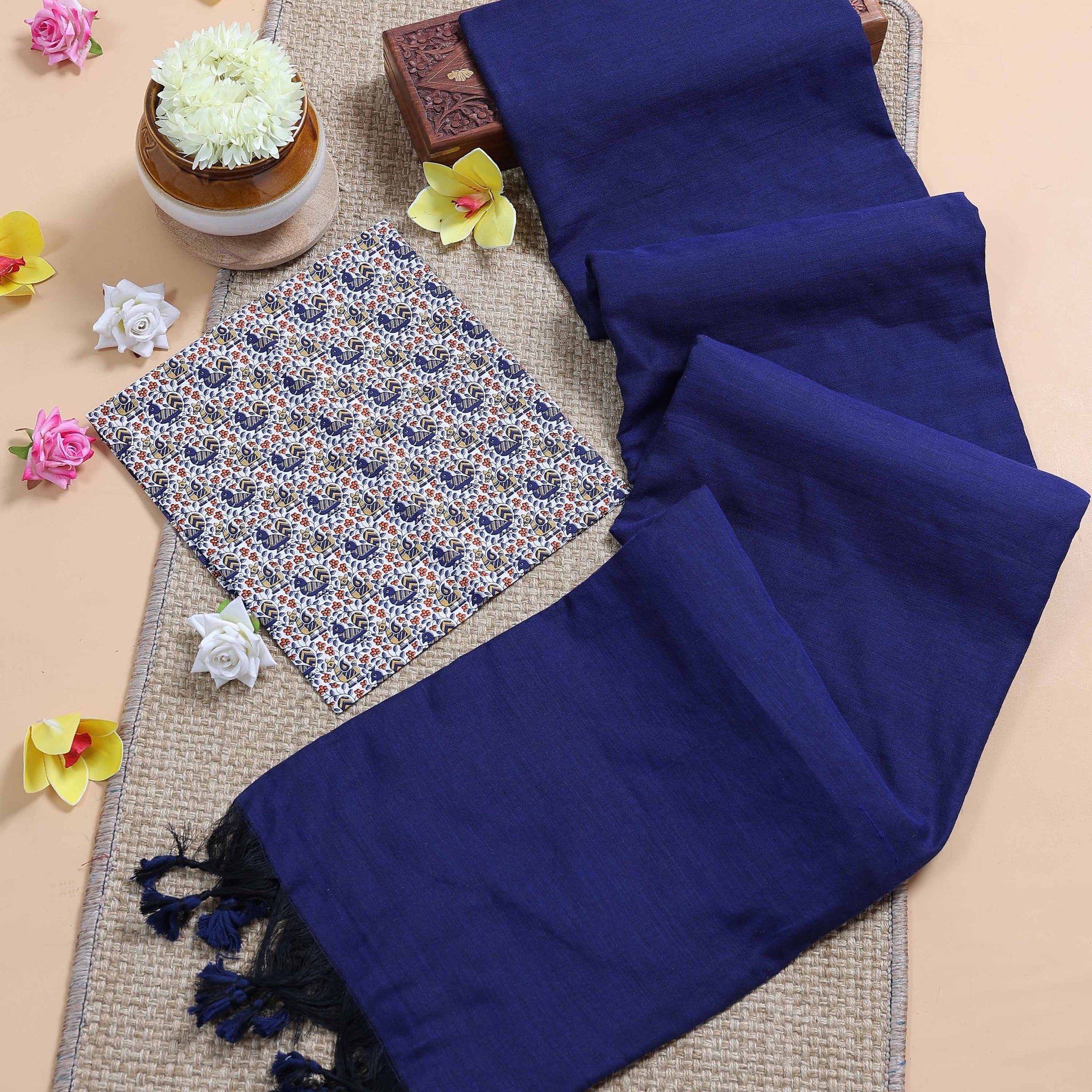 Traditional Khadi Cotton Saree with Contrast Printed Blouse and Tassel Accents - Navy Blue