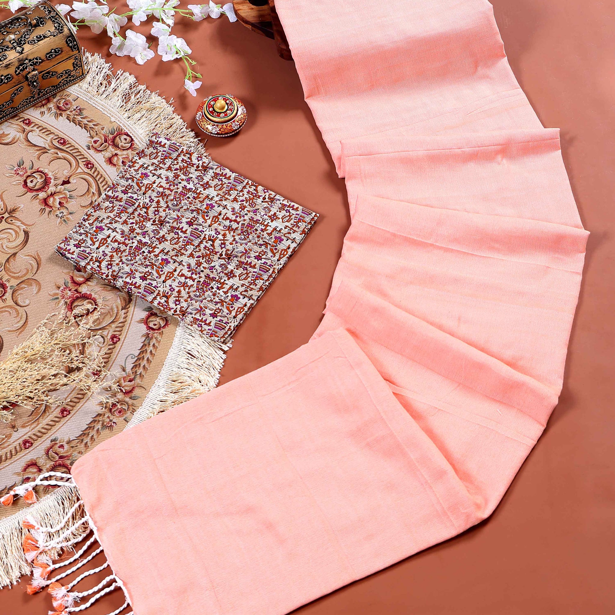 Traditional Khadi Cotton Saree with Contrast Printed Blouse and Tassel Accents - Peach-four