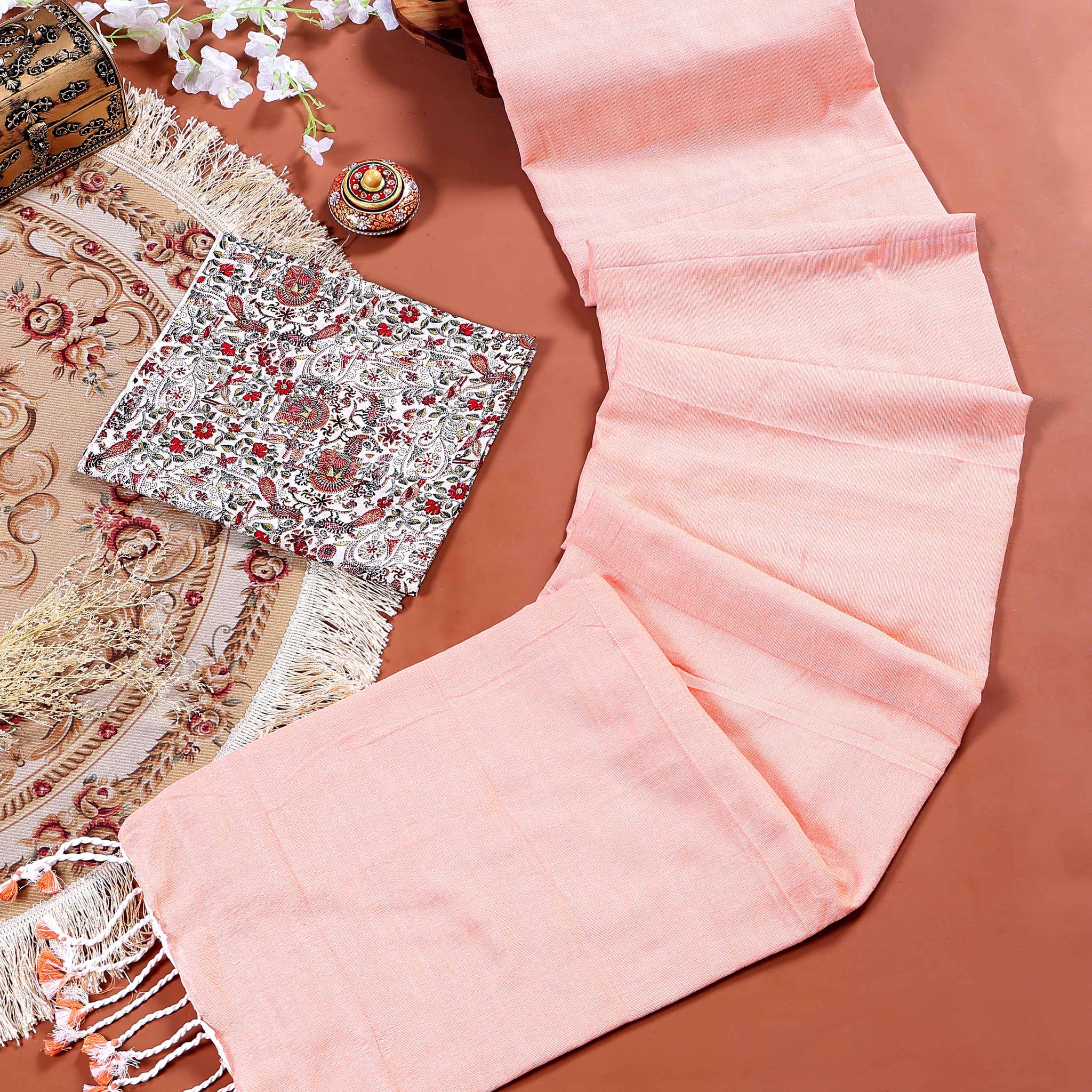 Traditional Khadi Cotton Saree with Contrast Printed Blouse and Tassel Accents - Peach