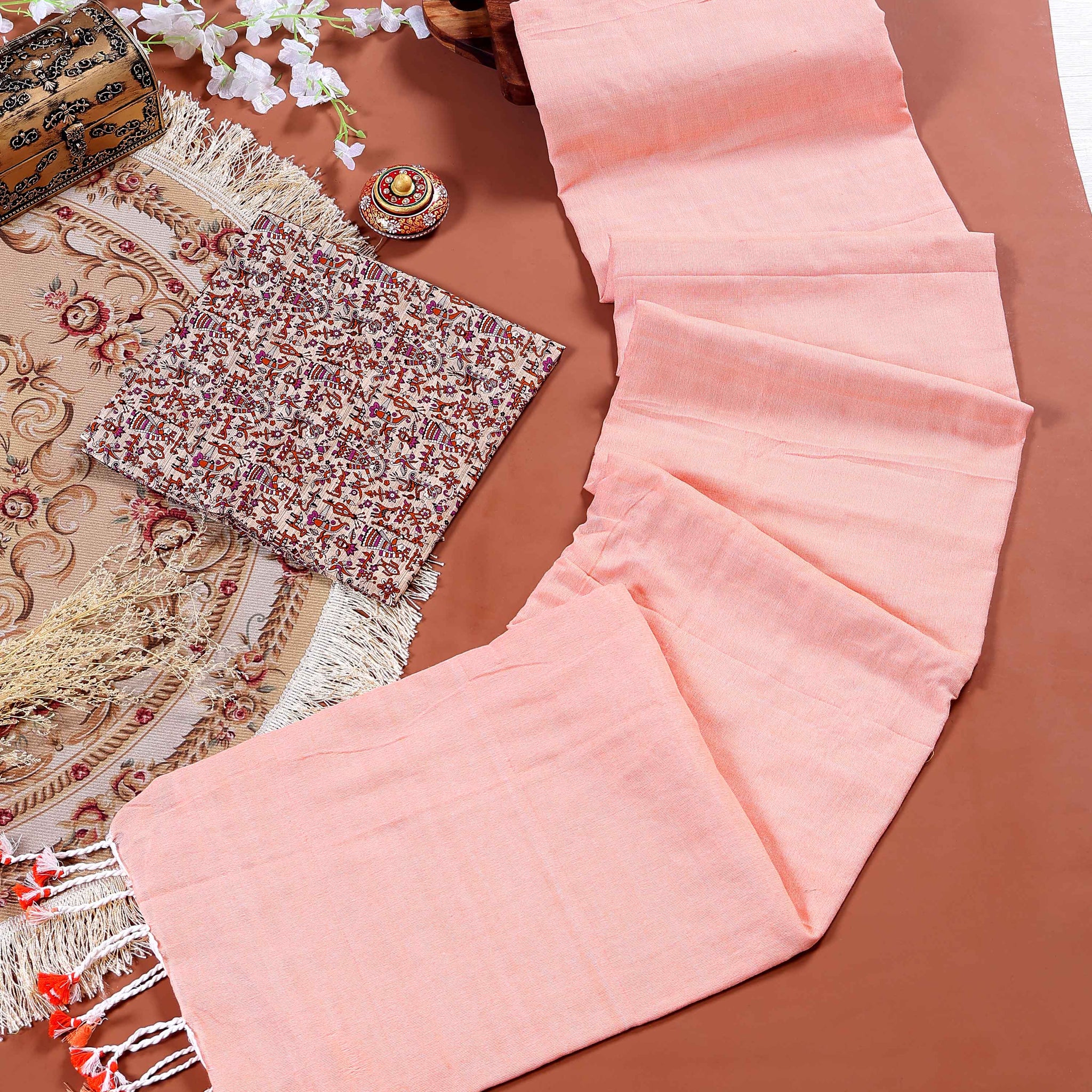 Traditional Khadi Cotton Saree with Contrast Printed Blouse and Tassel Accents - Peach