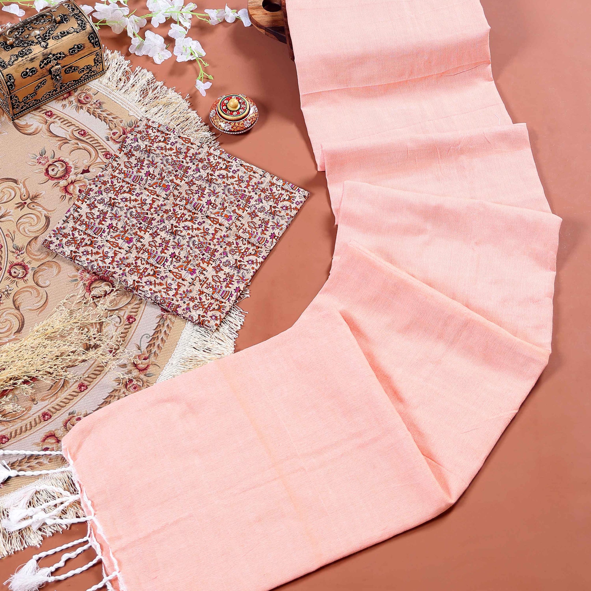 Traditional Khadi Cotton Saree with Contrast Printed Blouse and Tassel Accents - Peach