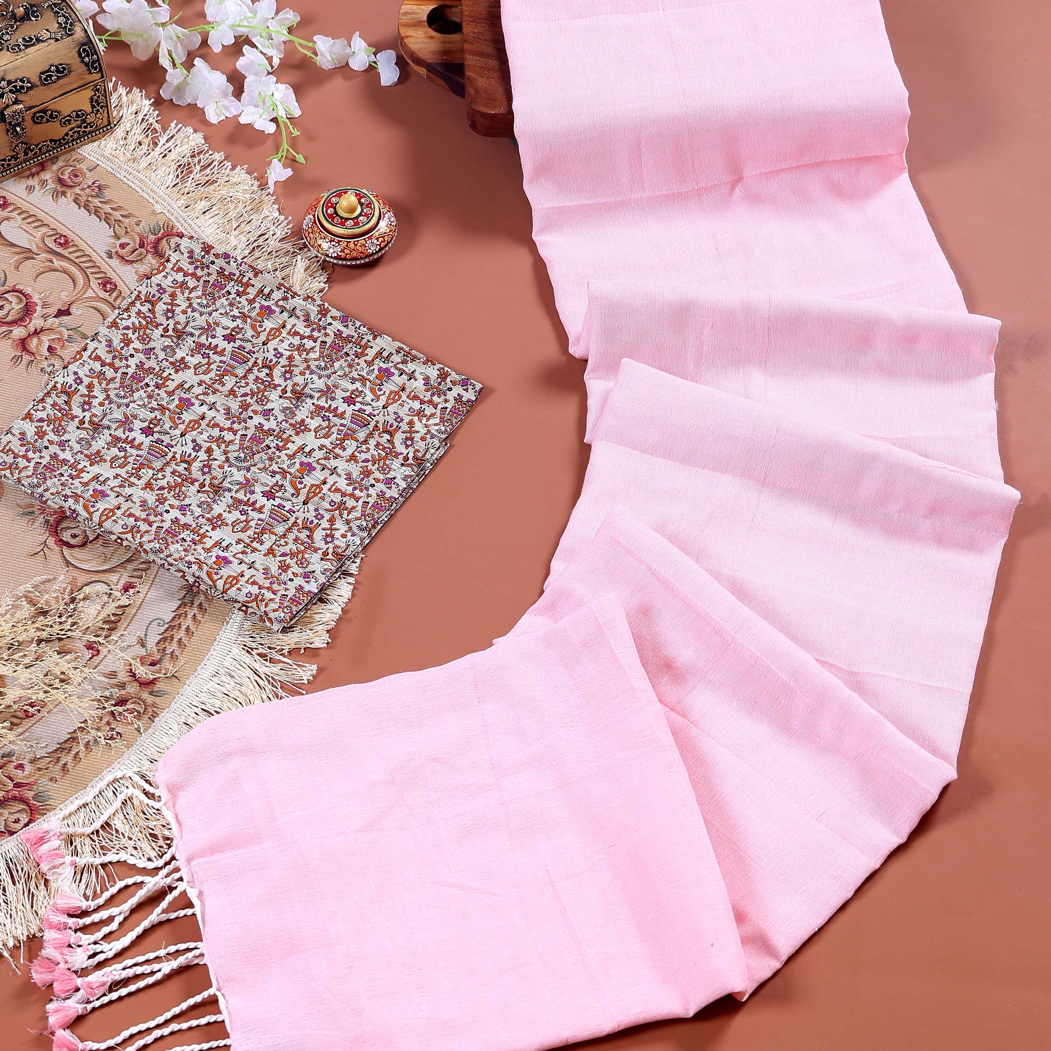 Traditional Khadi Cotton Saree with Contrast Printed Blouse and Tassel Accents - Pink