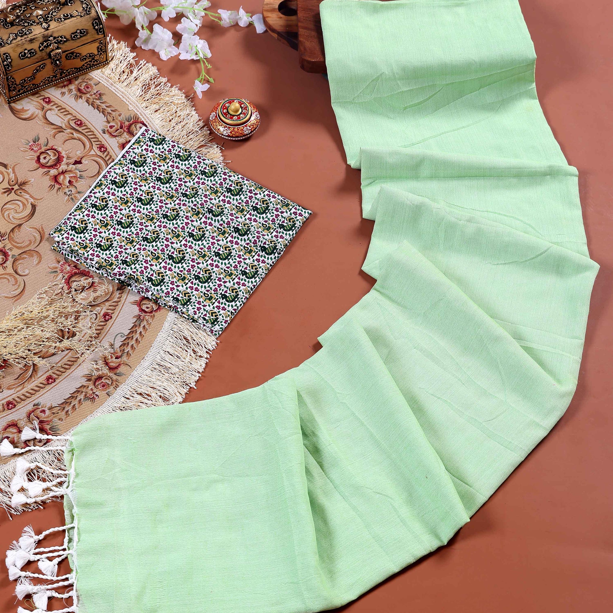 Traditional Khadi Cotton Saree with Contrast Printed Blouse and Tassel Accents - Pista Green
