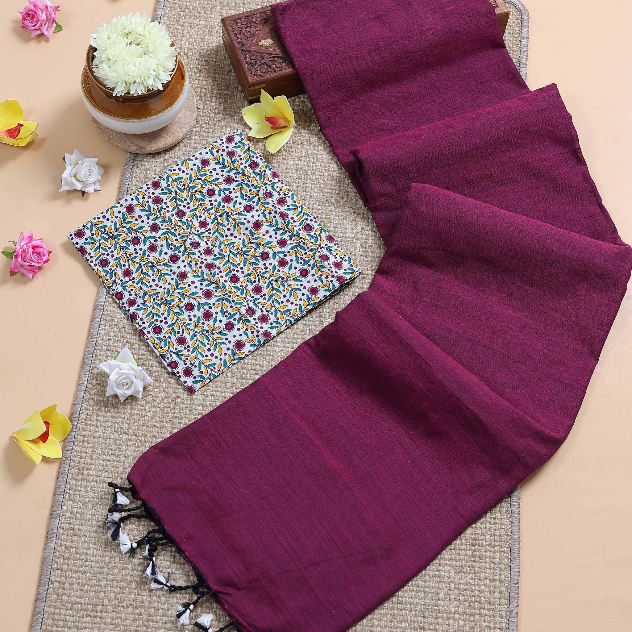Traditional Khadi Cotton Saree with Contrast Printed Blouse and Tassel Accents - Purple