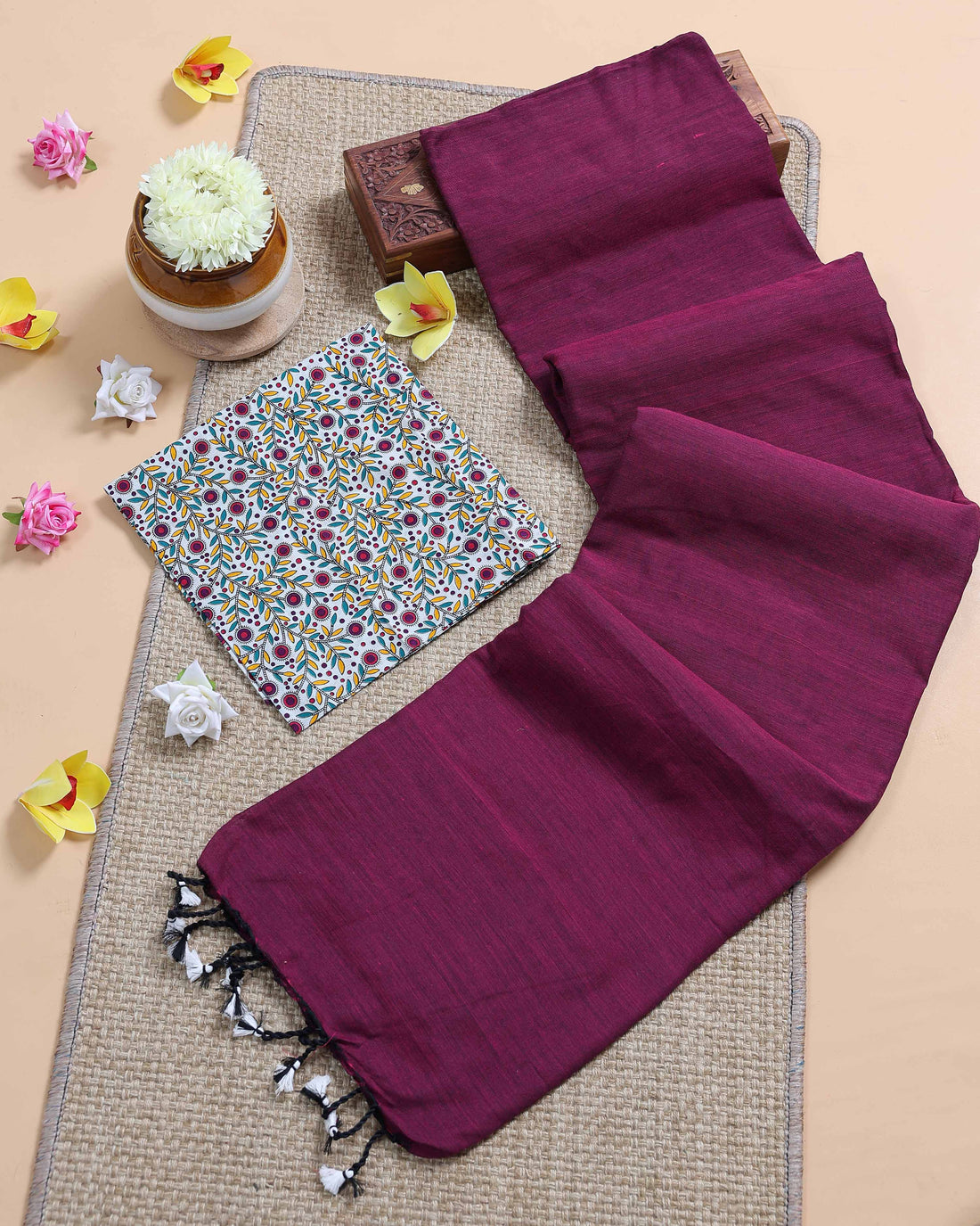 Traditional Khadi Cotton Saree with Contrast Printed Blouse and Tassel Accents - Purple