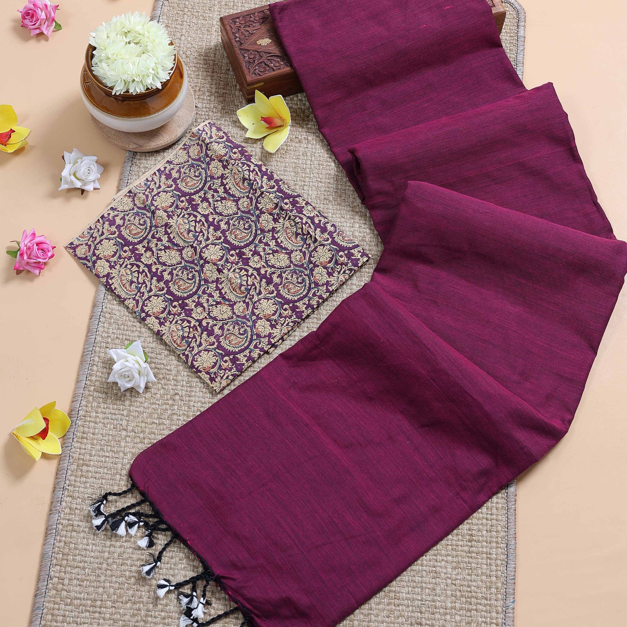 Traditional Khadi Cotton Saree with Contrast Printed Blouse and Tassel Accents - Purple