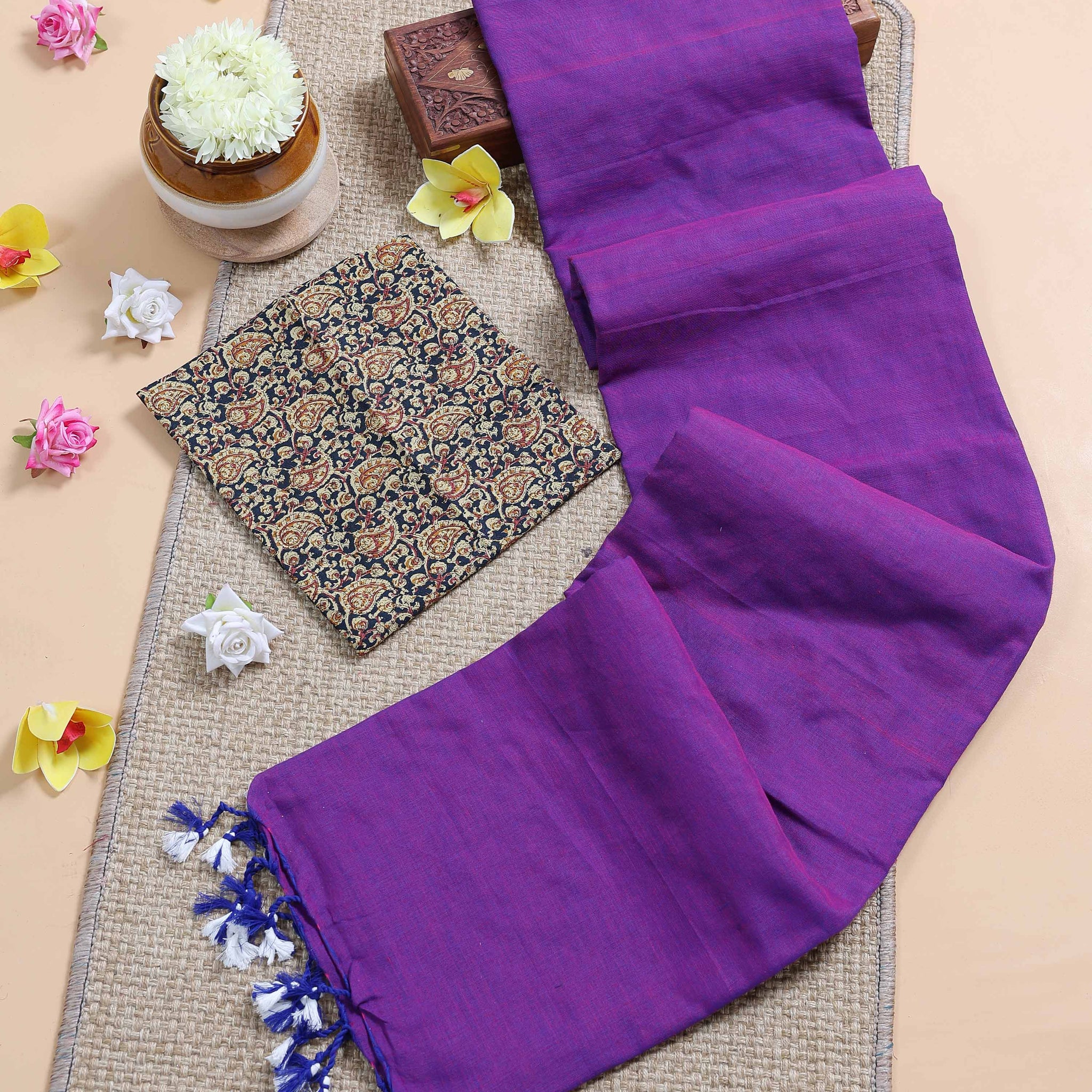 Traditional Khadi Cotton Saree with Contrast Printed Blouse and Tassel Accents - Purple