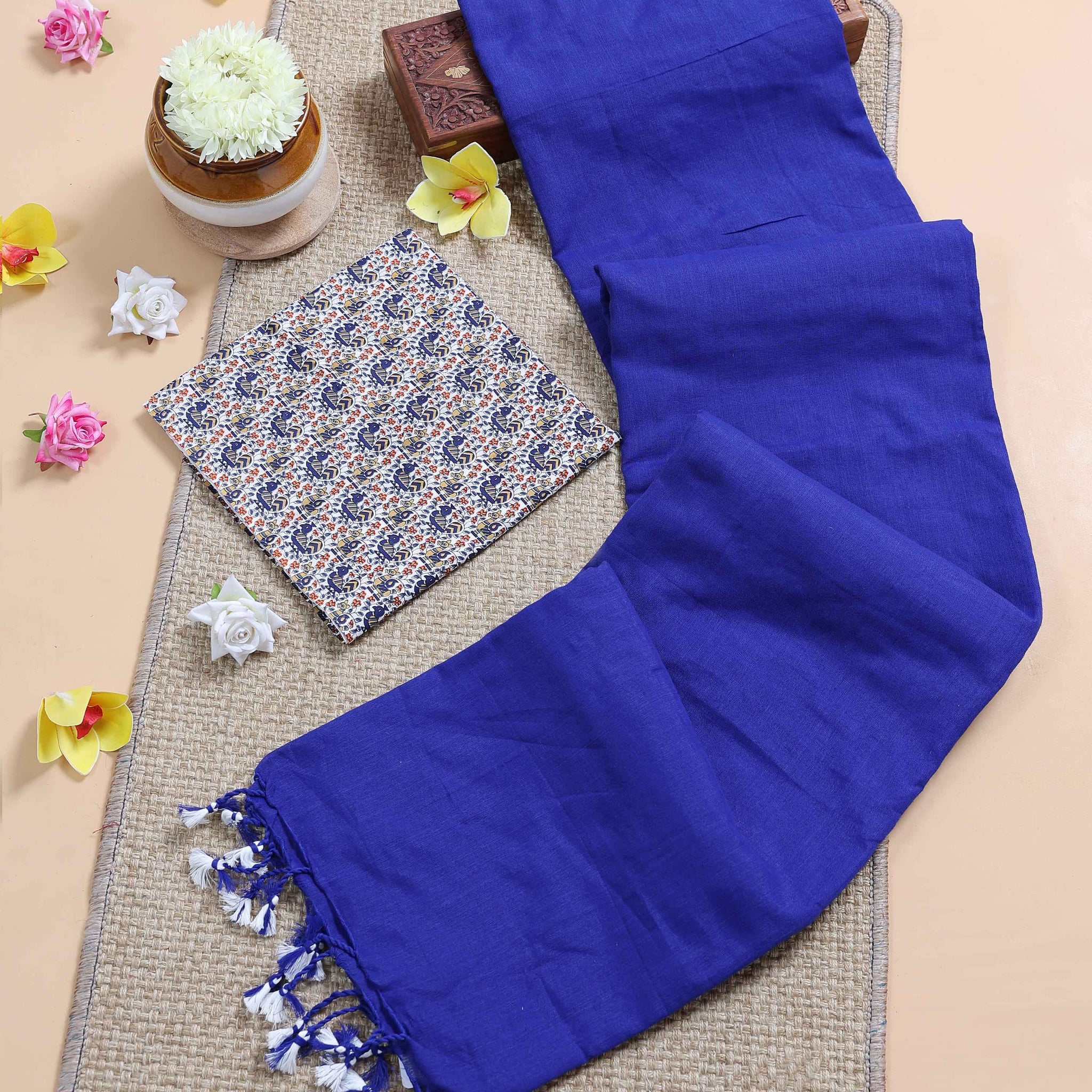 Traditional Khadi Cotton Saree with Contrast Printed Blouse and Tassel Accents - Royal Blue