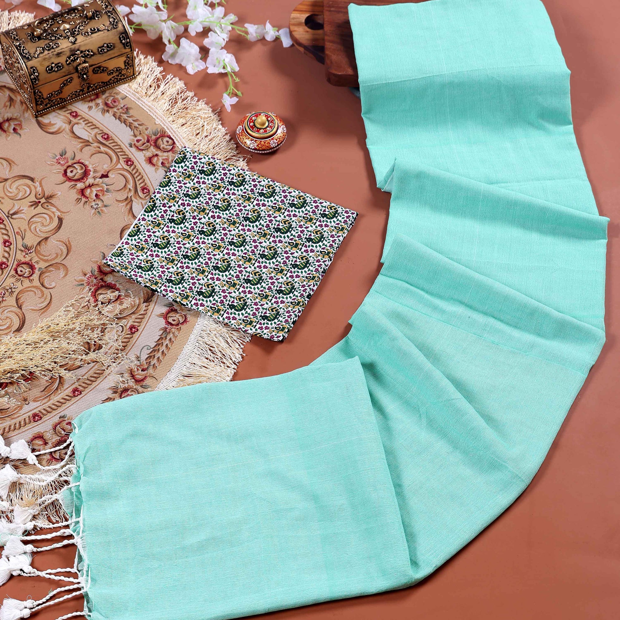 Traditional Khadi Cotton Saree with Contrast Printed Blouse and Tassel Accents - Sky Blue