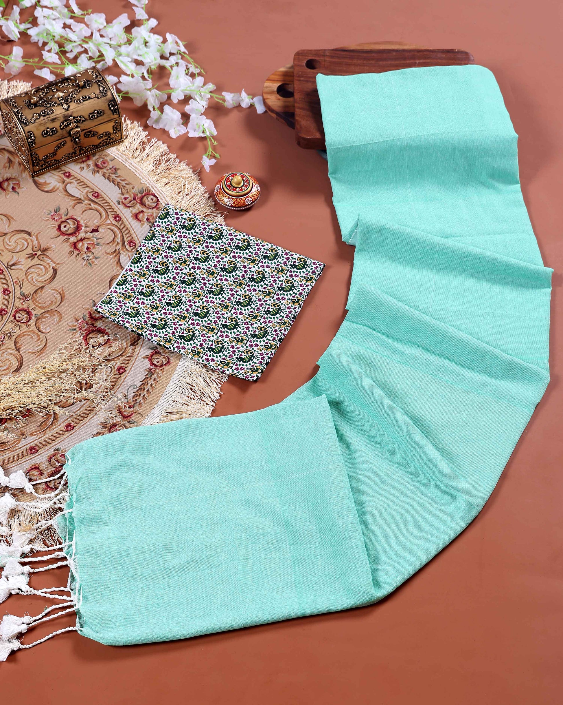 Traditional Khadi Cotton Saree with Contrast Printed Blouse and Tassel Accents - Sky Blue