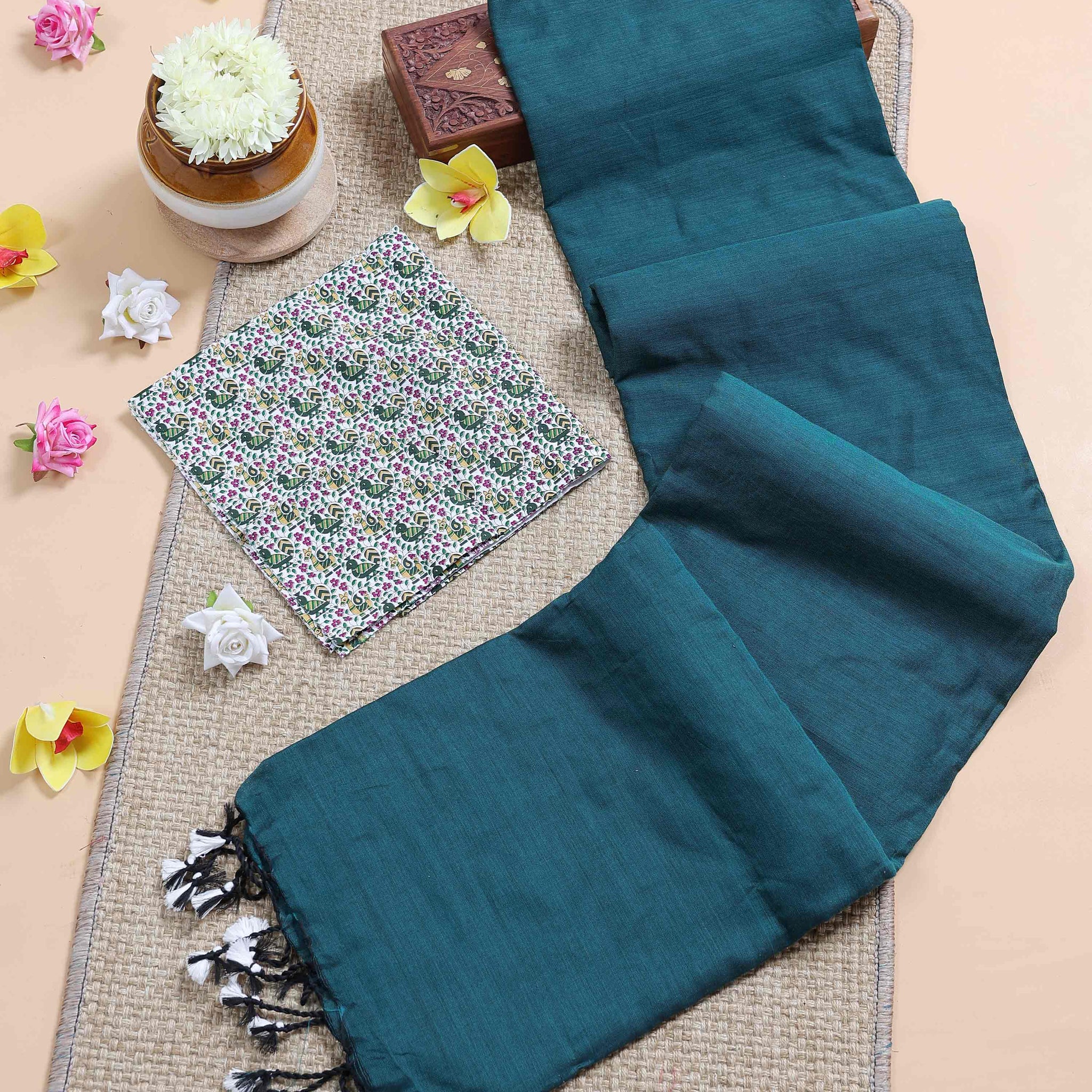 Traditional Khadi Cotton Saree with Contrast Printed Blouse and Tassel Accents - Teal