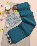 Traditional Khadi Cotton Saree with Contrast Printed Blouse and Tassel Accents - Teal