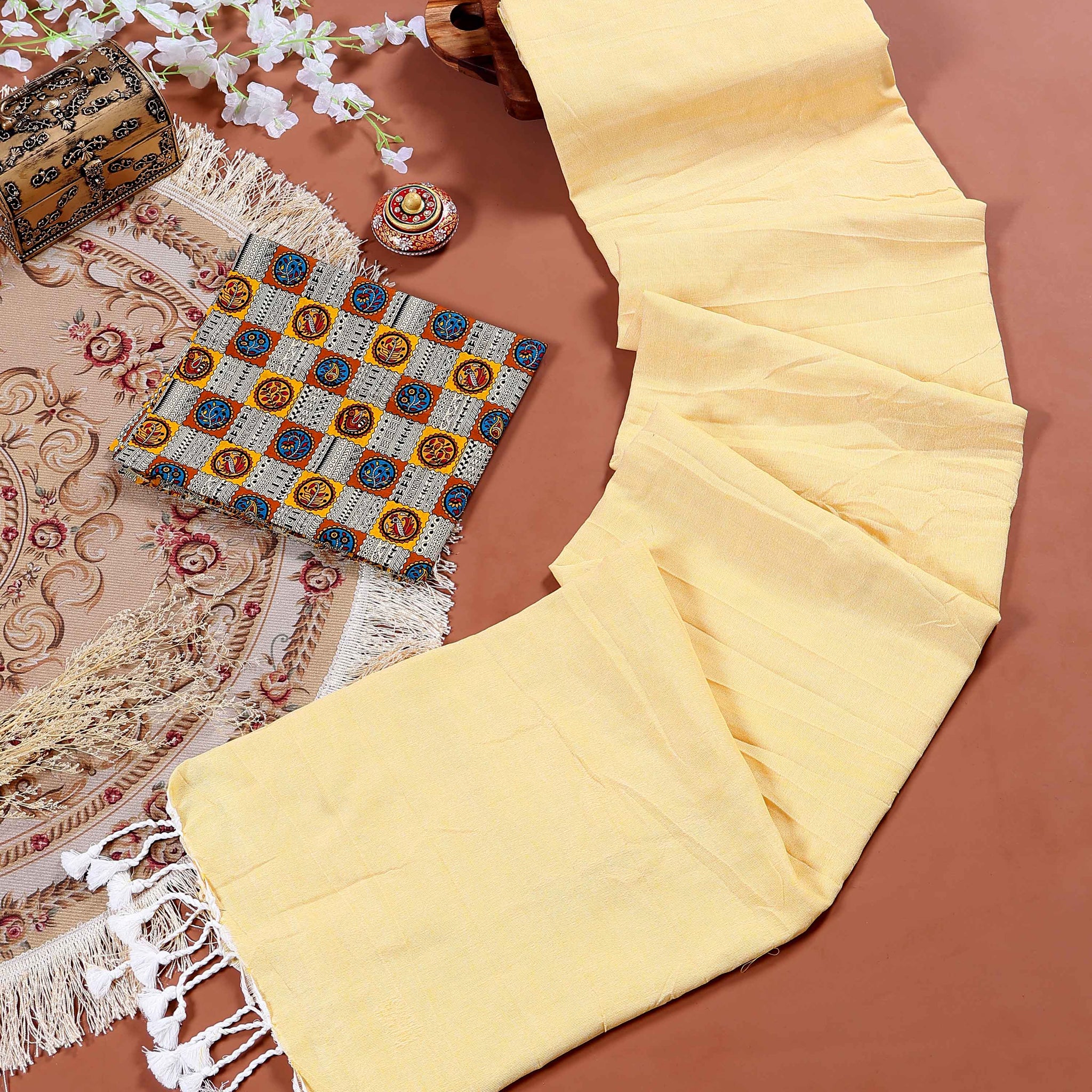 Traditional Khadi Cotton Saree with Contrast Printed Blouse and Tassel Accents - Yellow