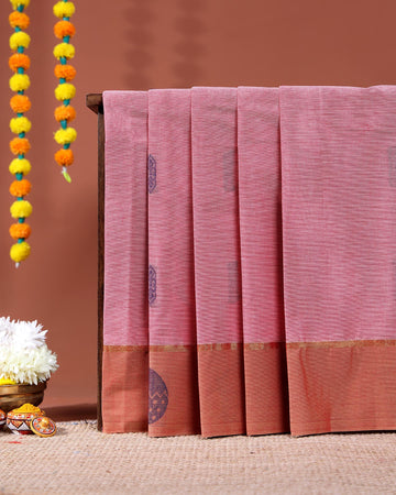 Traditional Kovai Cotton Handloom Saree with Contrast Border and Woven Motifs - Pink