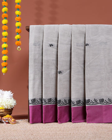 Traditional Kovai Cotton Saree Small Woven Motifs and Contrast Border - Grey