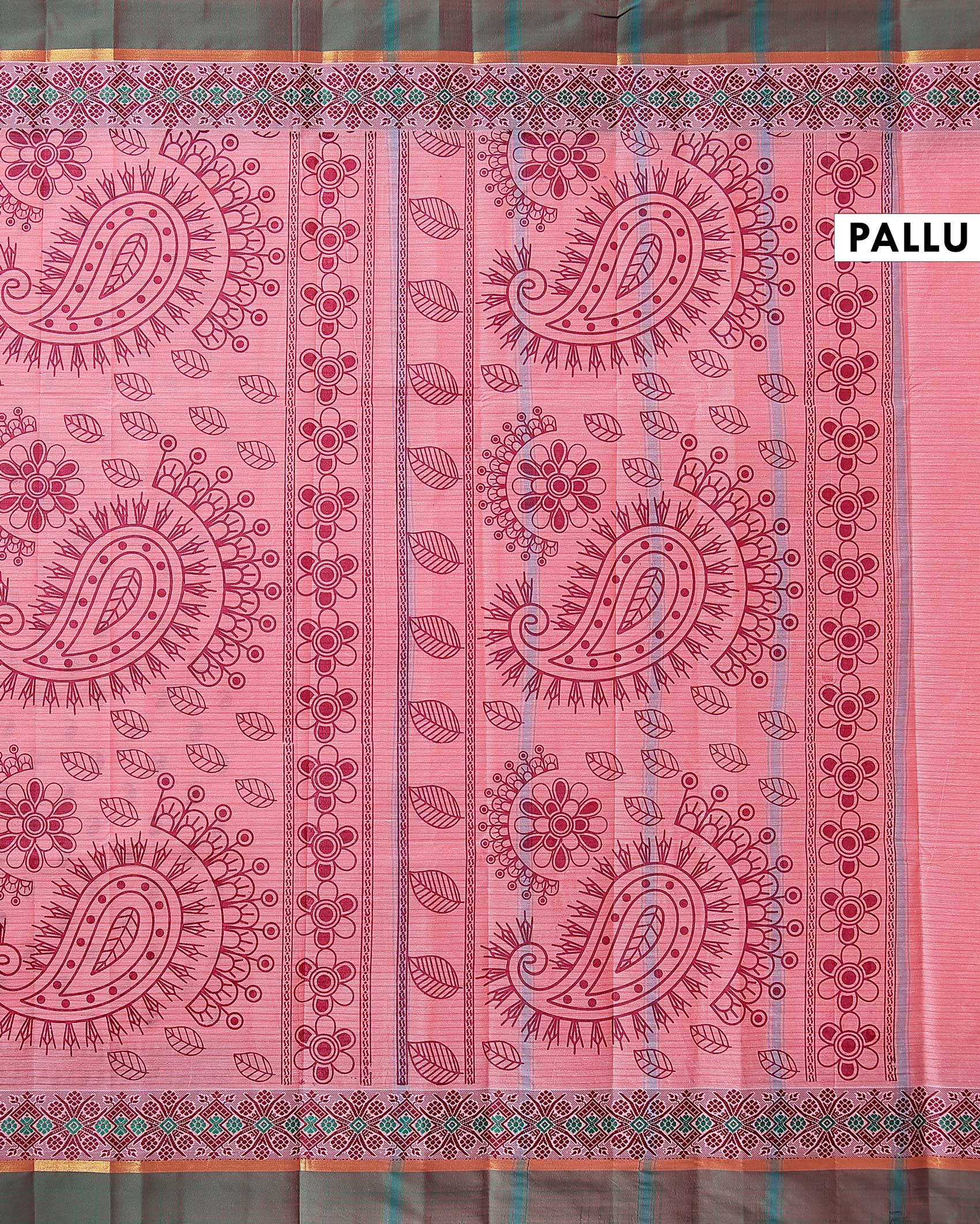 Traditional Kovai Cotton Saree with All-Over Paisley Weave Pattern and Traditional Geometric Woven Border - Pink