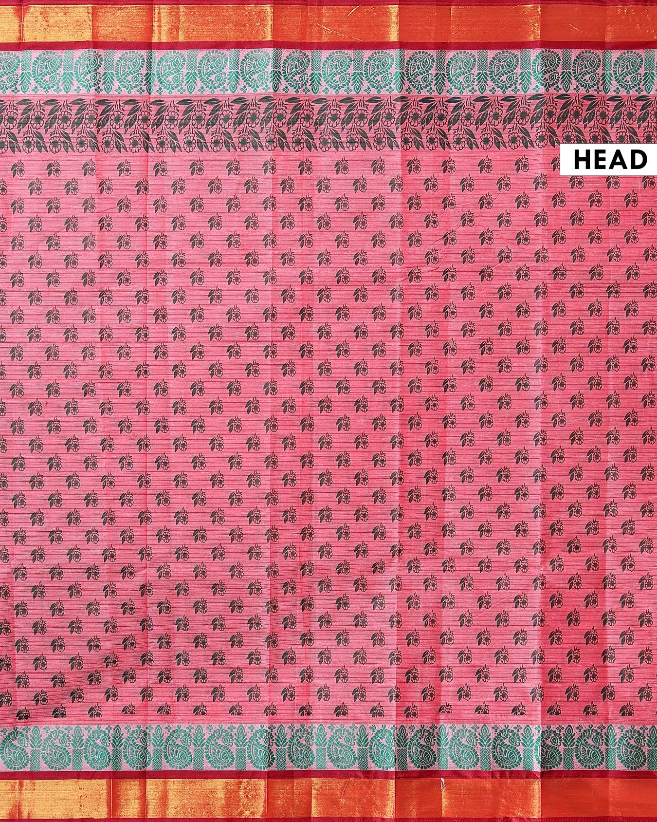 Traditional Kovai Cotton Saree with All Over Floral Print and Contrast Jacquard Border - Pink