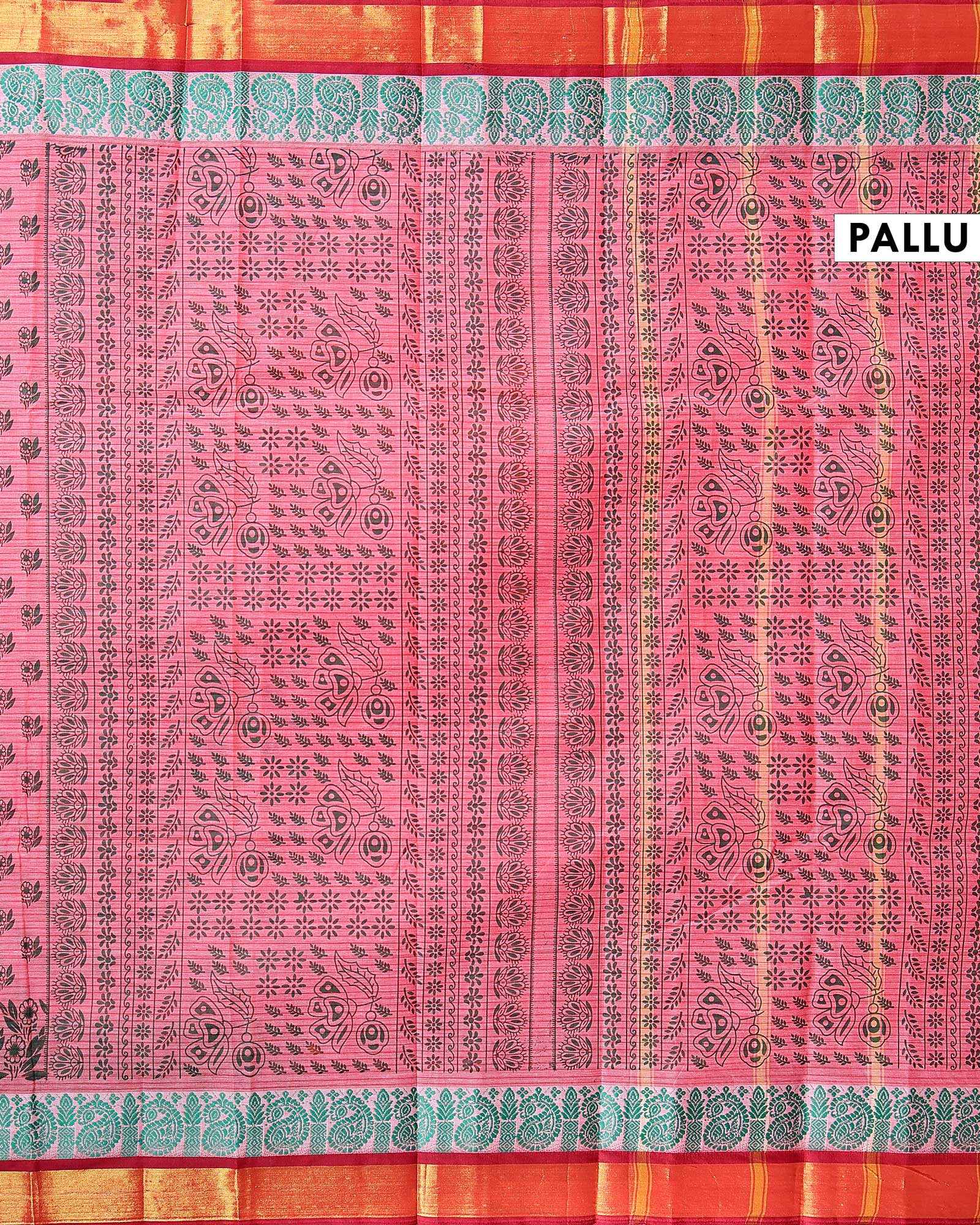 Traditional Kovai Cotton Saree with All Over Floral Print and Contrast Jacquard Border - Pink