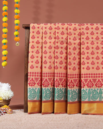 Traditional Kovai Cotton Saree with All Over Traditional Motif Weave and Contrast Jacquard Border- Peach
