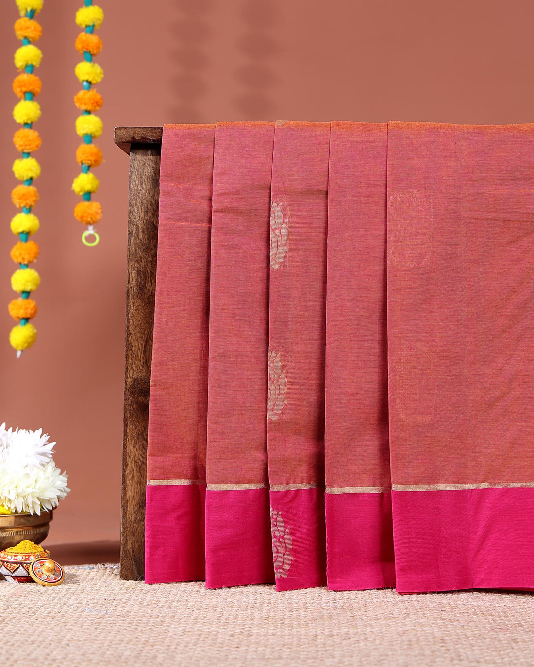 Traditional Kovai Cotton Saree with Contrast Border and Subtle Woven Motifs - Onion Pink