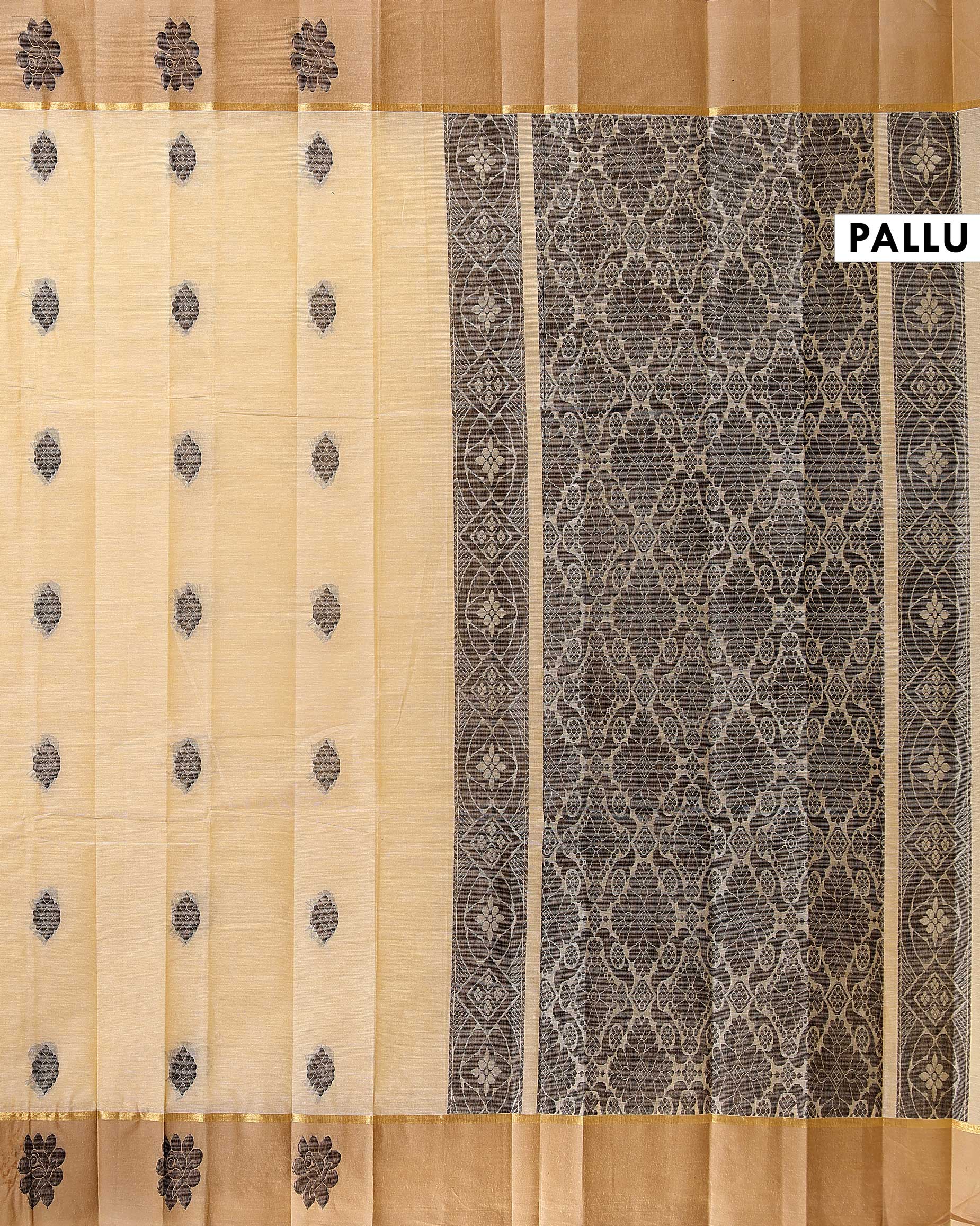 Traditional Kovai Cotton Saree with Contrast Border and Subtle Woven Motifs - Sandal