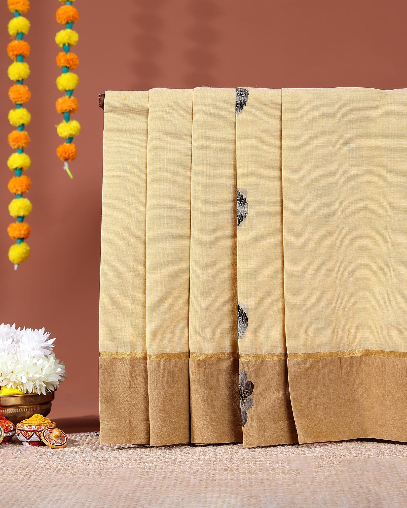 Traditional Kovai Cotton Saree with Contrast Border and Subtle Woven Motifs - Sandal