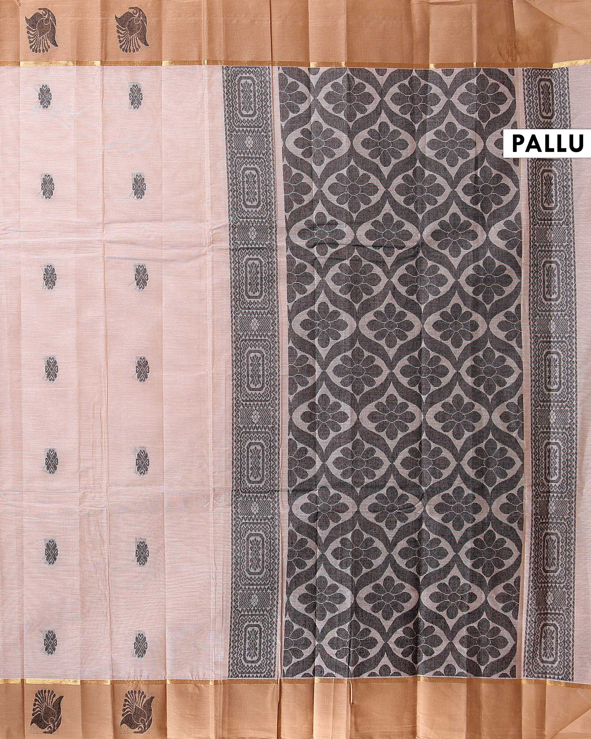 Traditional Kovai Cotton Saree with Plain Body and Contrast Border - Light Brown