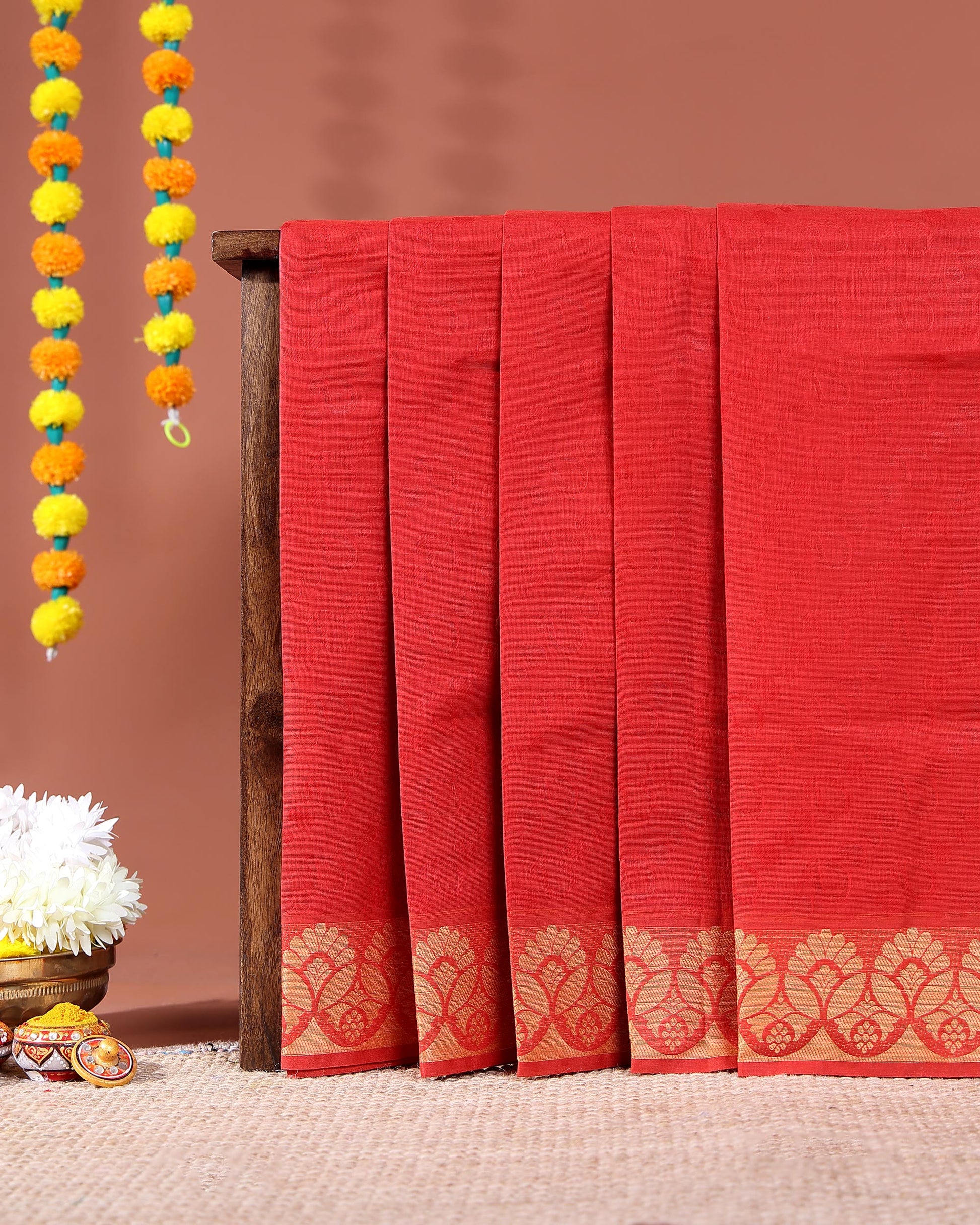 Traditional Kovai Cotton Saree with Self-Jacquard Body and Floral Zari Border - Red