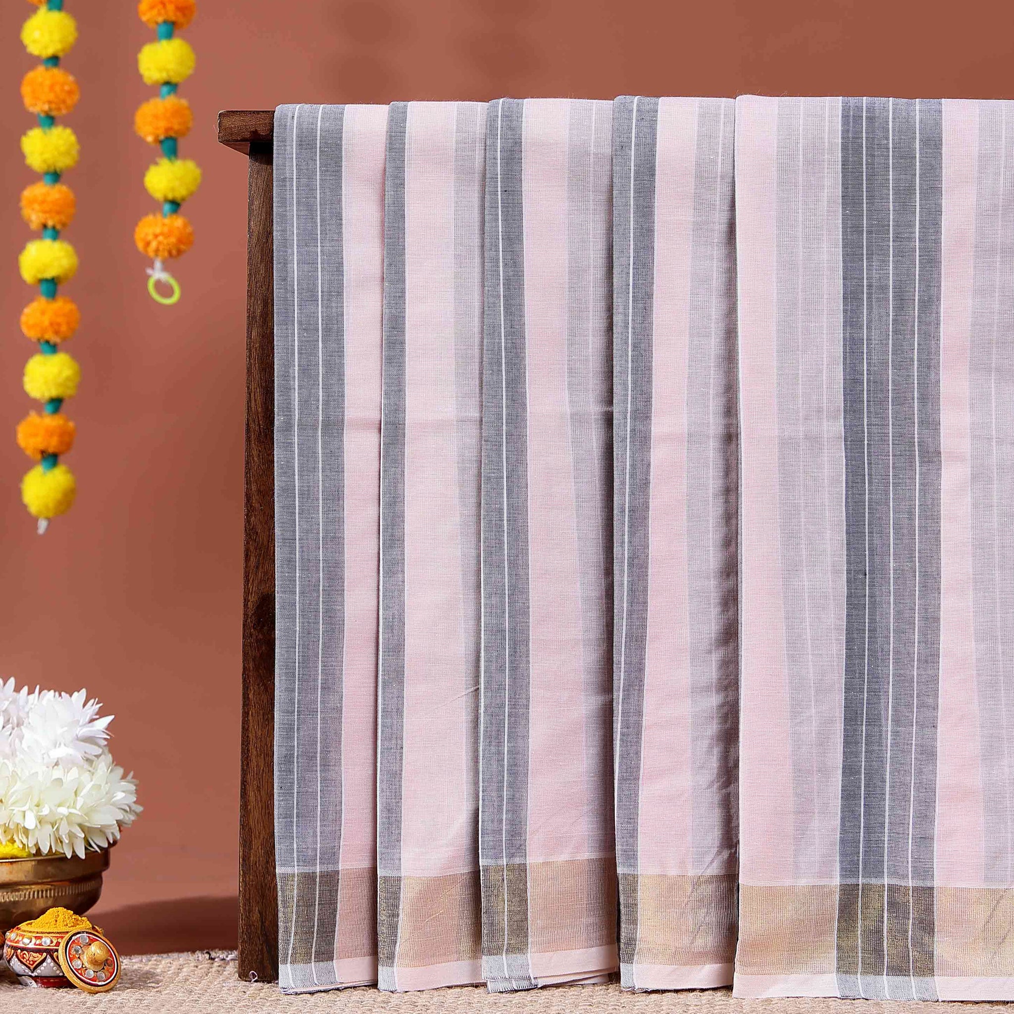 Traditional Kovai Cotton Saree with Striped Body and Woven Border - Light Pink