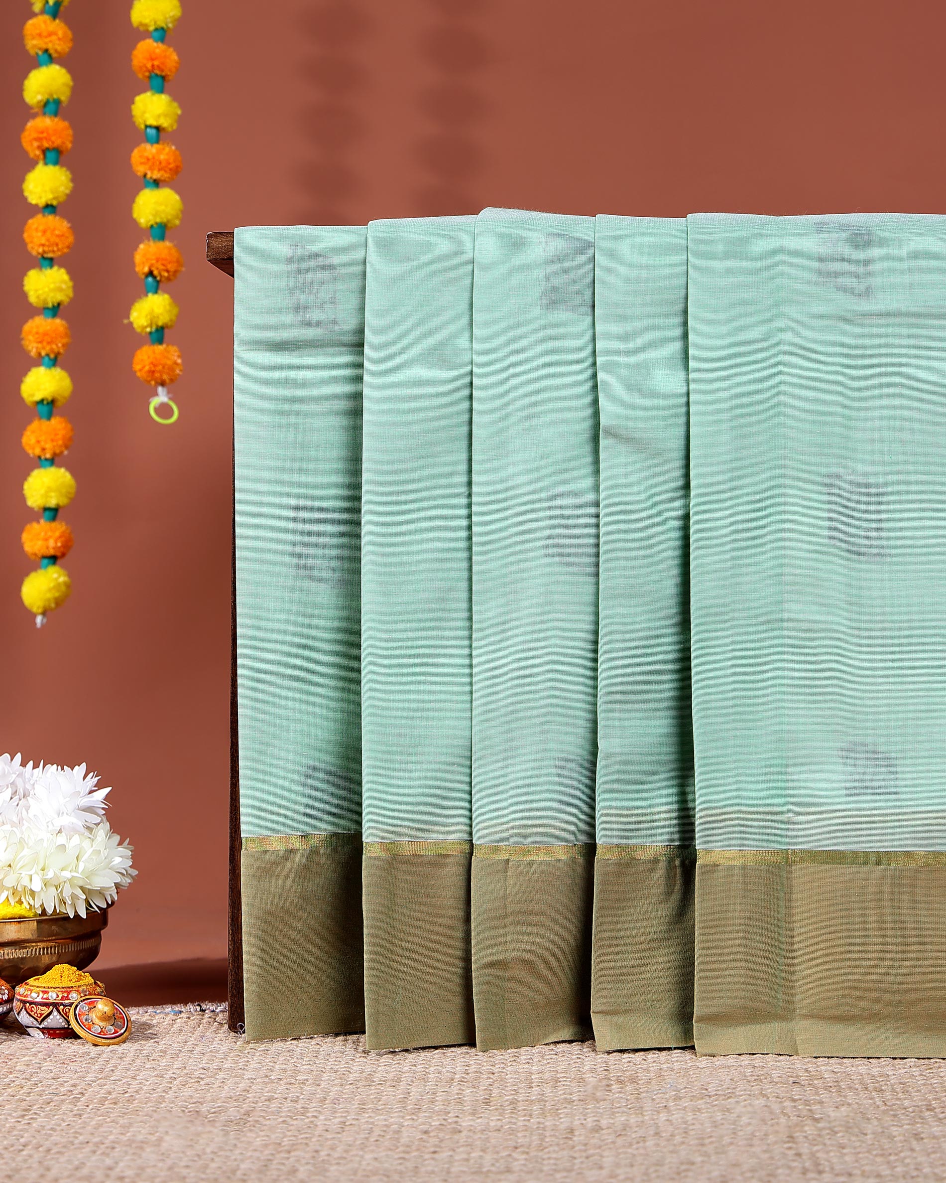 Traditional Kovai Cotton Saree with Subtle Self-Design and Contrast Plain Border - Light Green