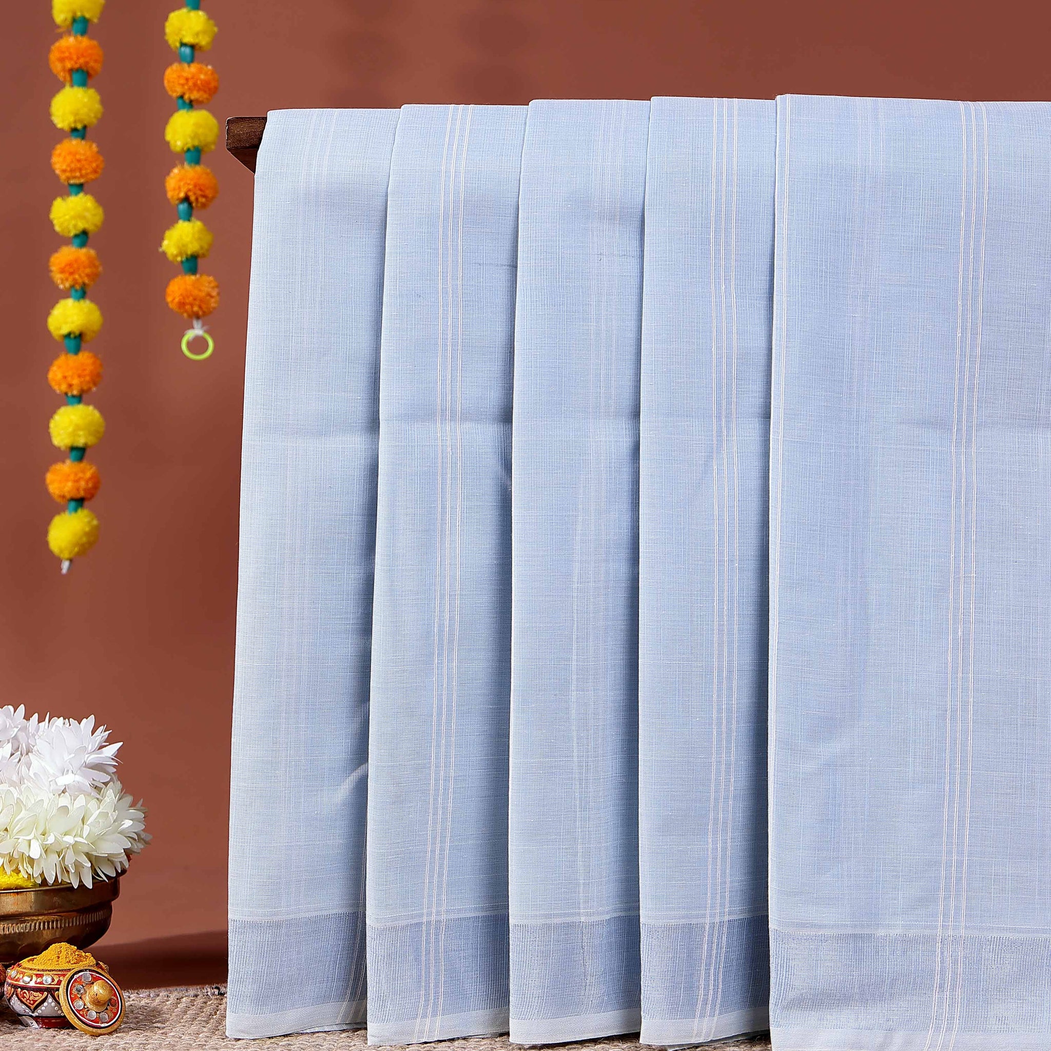 Traditional Kovai Cotton Saree with Subtle Woven Stripes - Blue