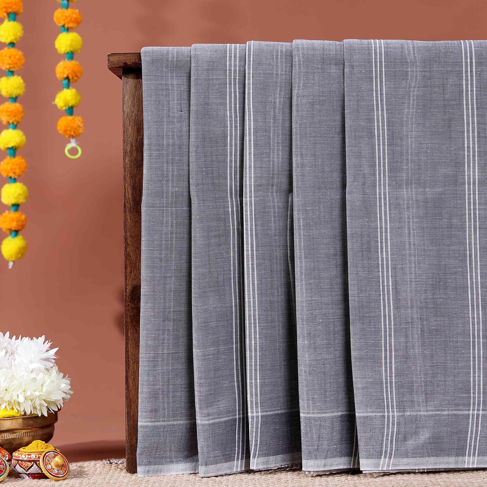 Traditional Kovai Cotton Saree with Subtle Woven Stripes - Dark Grey