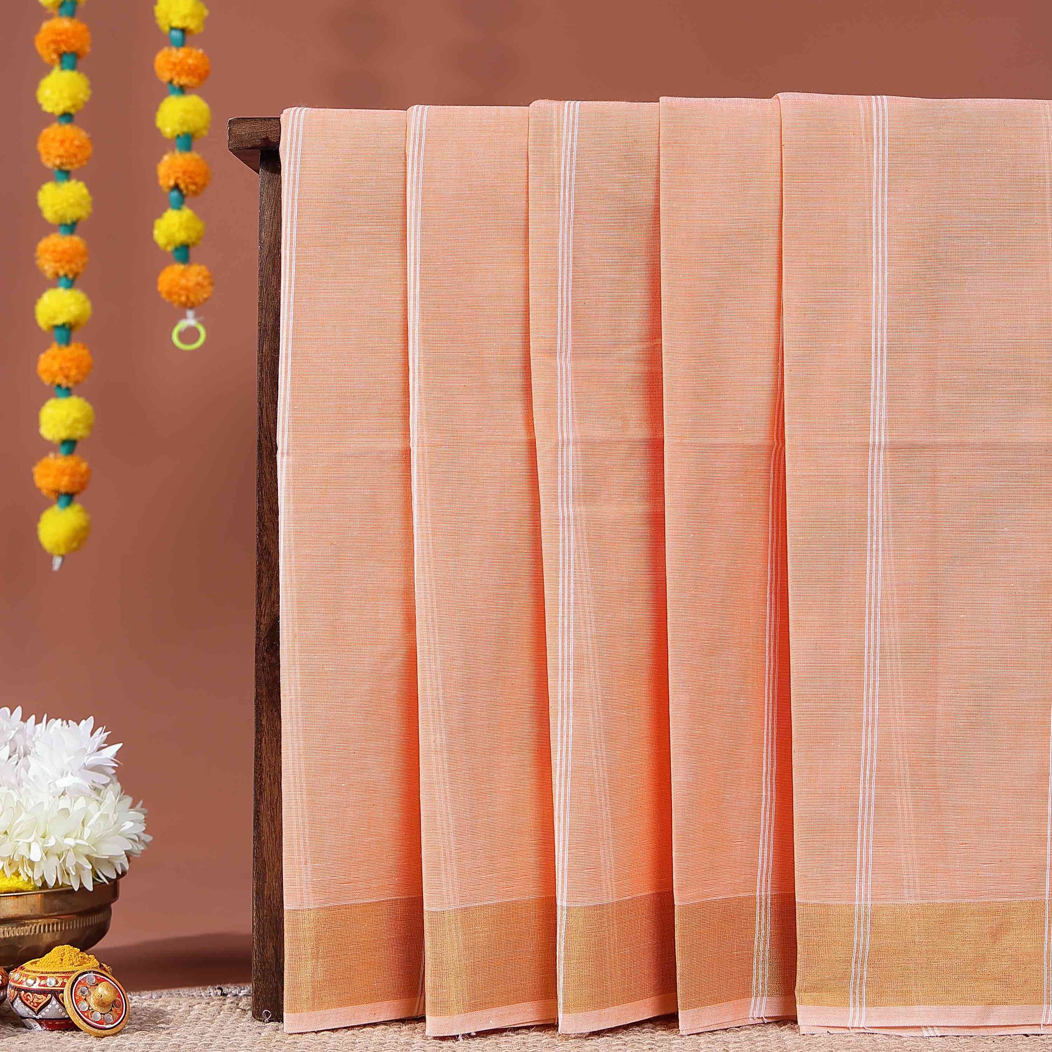 Traditional Kovai Cotton Saree with Subtle Woven Stripes - Peach