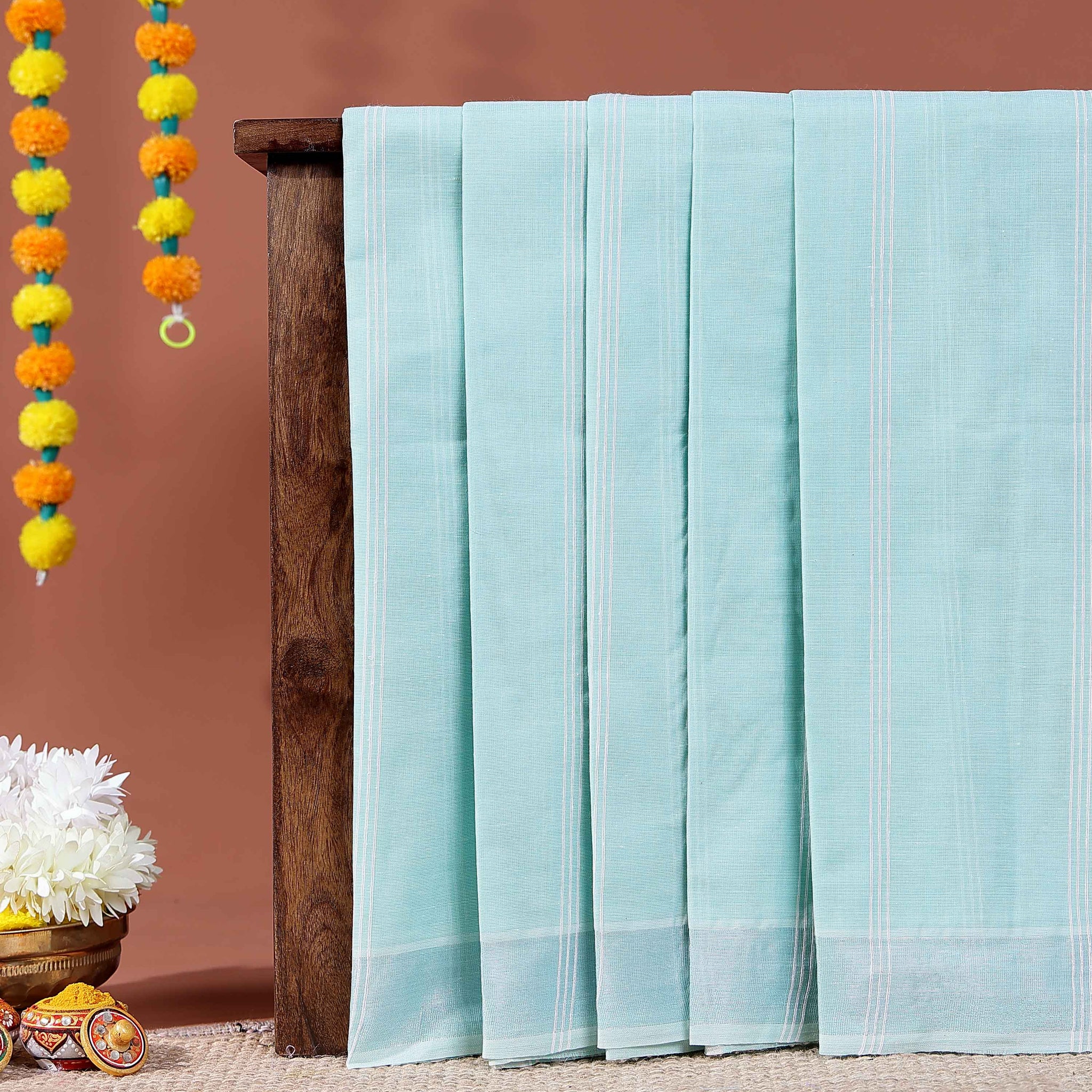Traditional Kovai Cotton Saree with Subtle Woven Stripes - Sky Blue 
