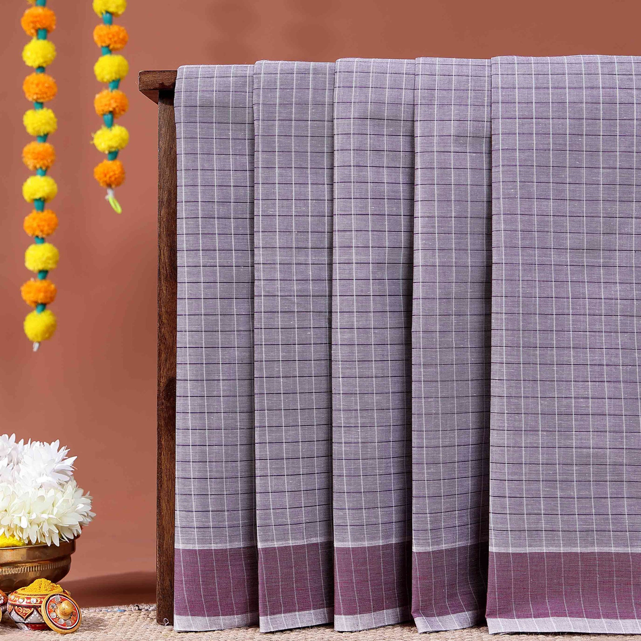Traditional Kovai Cotton Saree with Woven Checked Pattern and Contrast Border - Purple