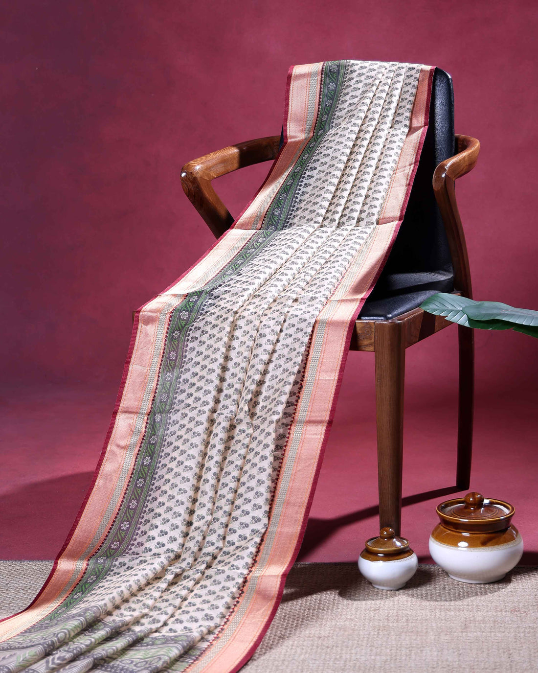 Traditional Linen Cotton Saree with Delicate Floral Buta Prints and Traditional Woven Border - Light Beige