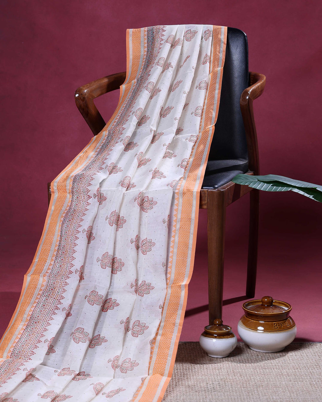 Traditional Linen Cotton Saree with Delicate Floral Butta Weaving and Traditional Woven Border - Off White