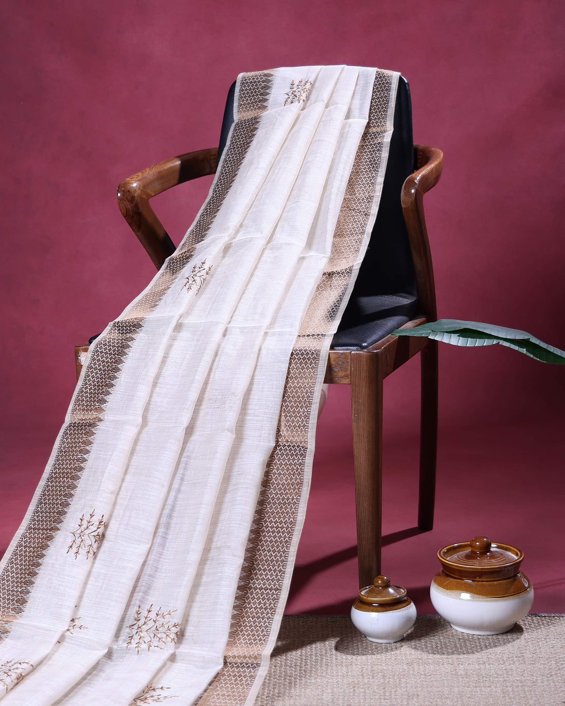 Traditional Linen Cotton Saree with Elegant Woven Border and Delicate Floral Embroidery - Ivory