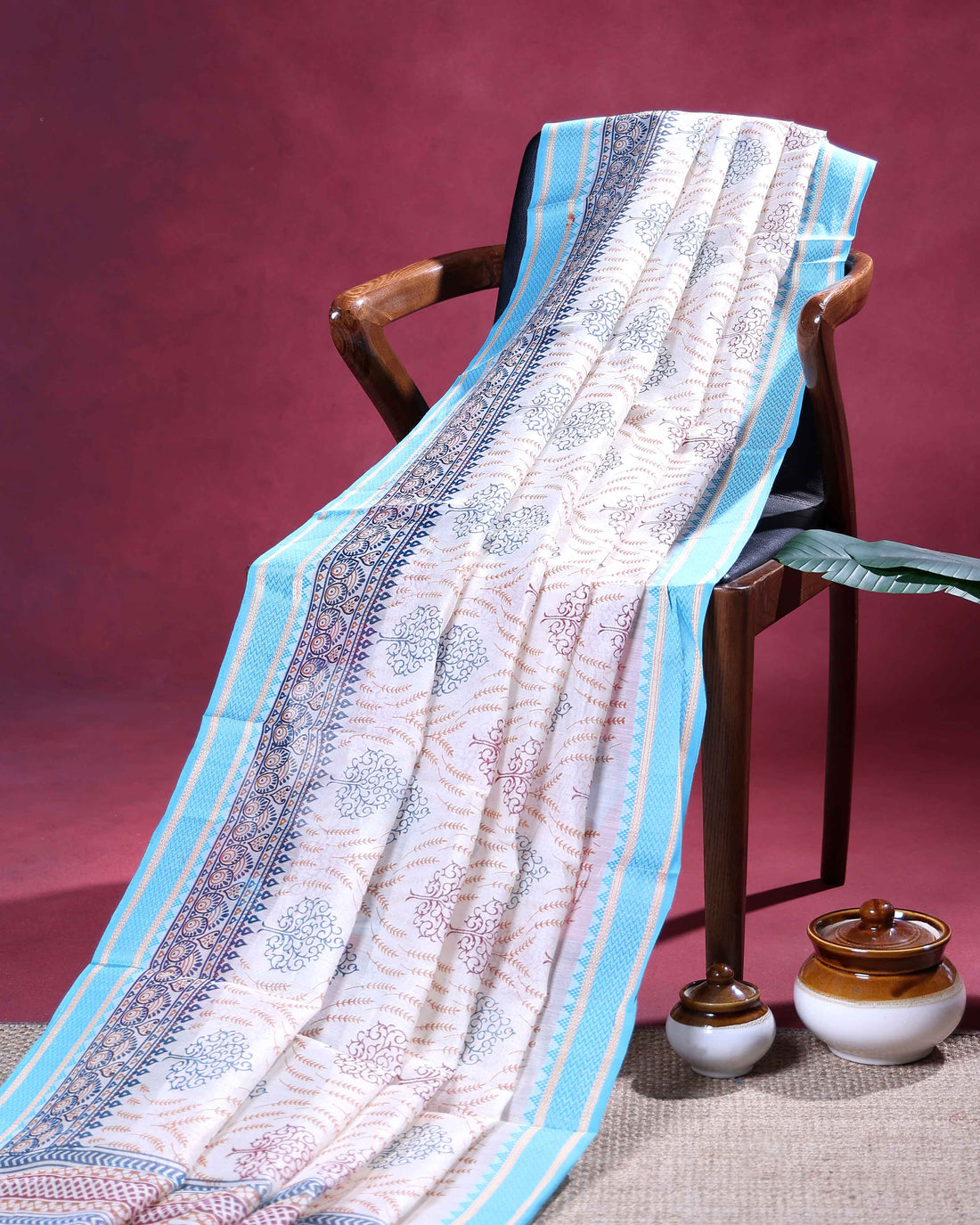 Traditional Linen Cotton Saree with Intricate Floral Motifs Artistic Vine Print and Traditional Woven Border - Cream