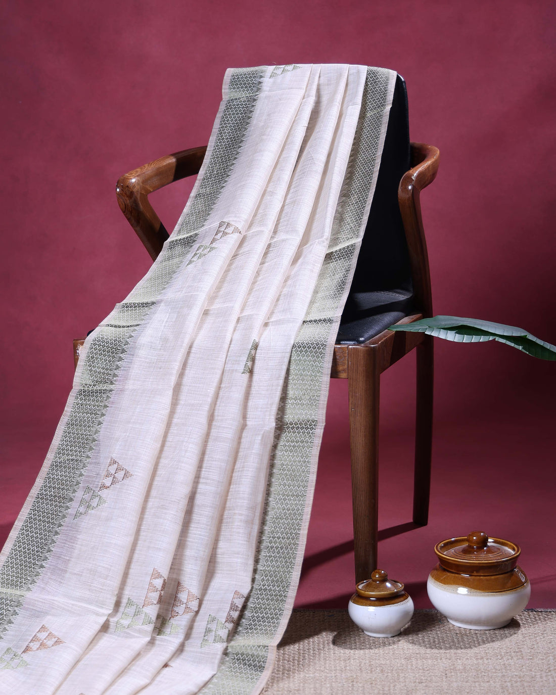 Traditional Linen Cotton Saree with Intricate Woven Border and Subtle Geometric Buta Motifs - Ivory