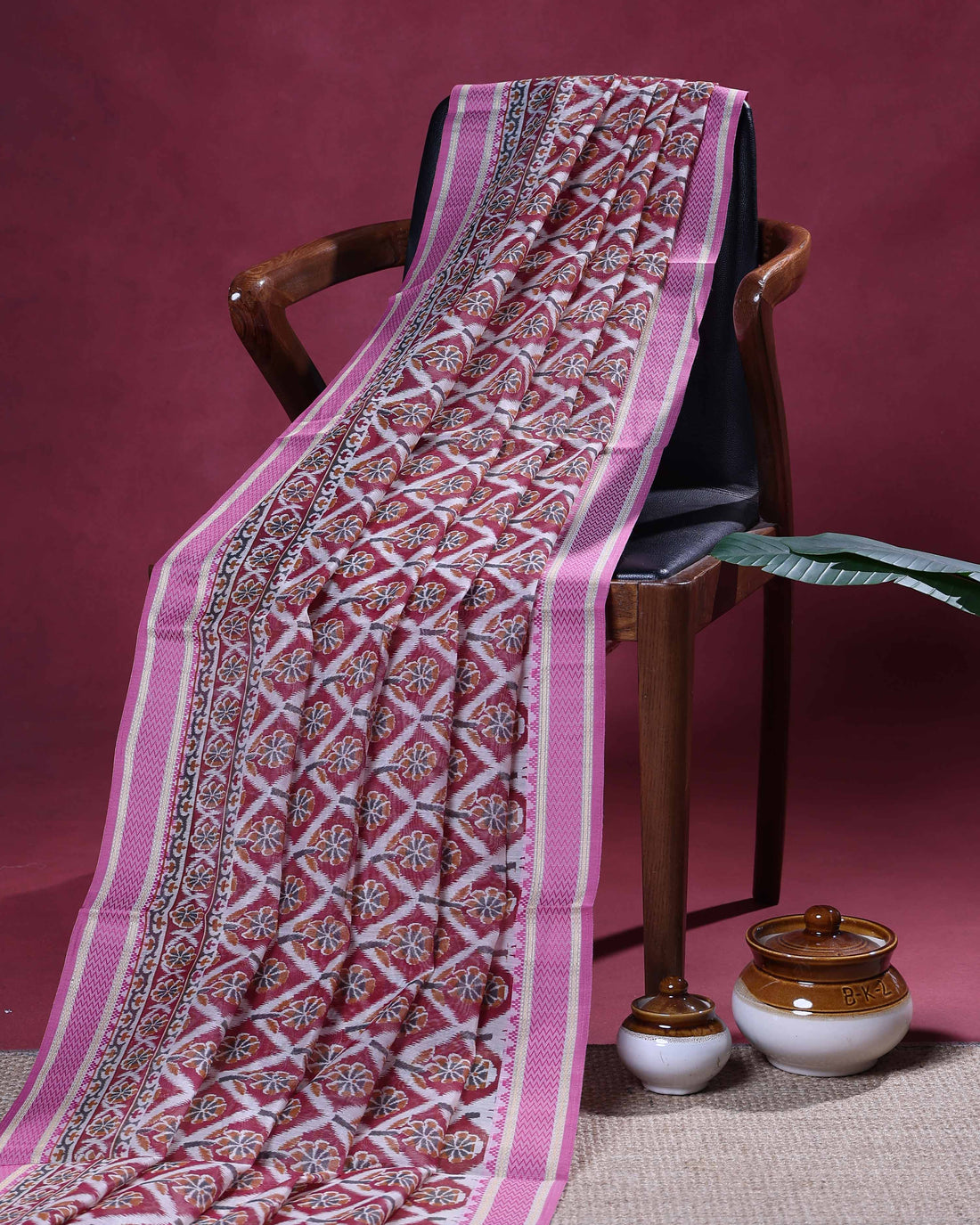 Traditional Linen Cotton Saree with Repeating Floral Diamond Pattern and Ornamental Woven Border - Maroon