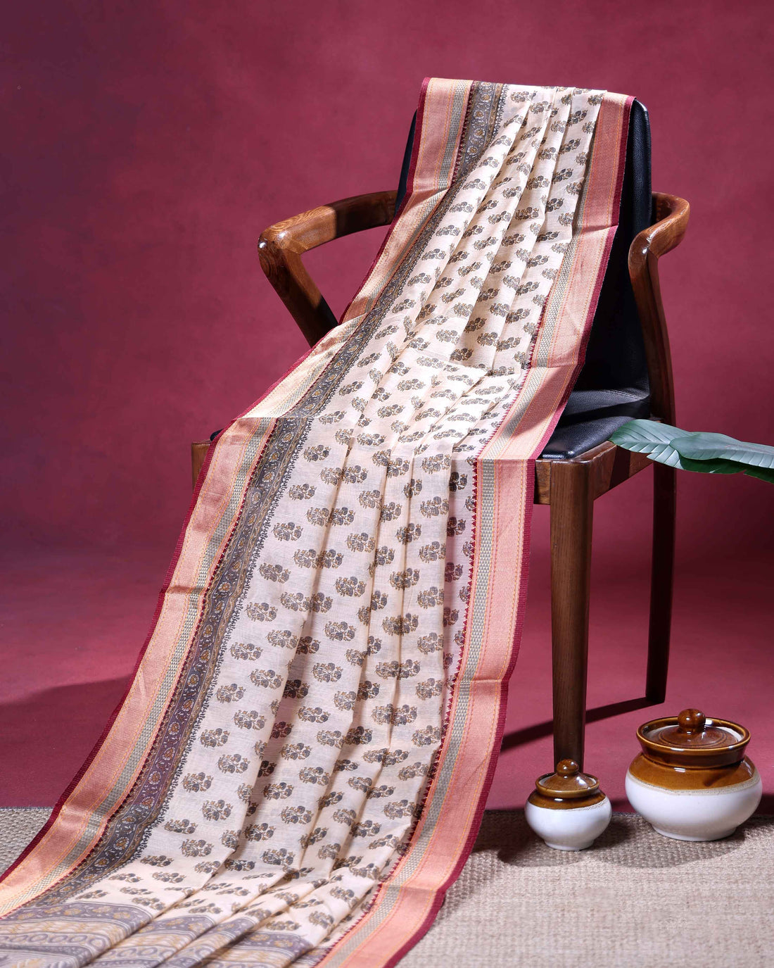 Traditional Linen Cotton Saree with Traditional Floral Buta Motifs and Ornate Zari Border - Light Peach