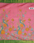 Traditional Mangalagiri Semi Chanderi Saree with Hand Painted Kalamkari Lotus Motif - Pink